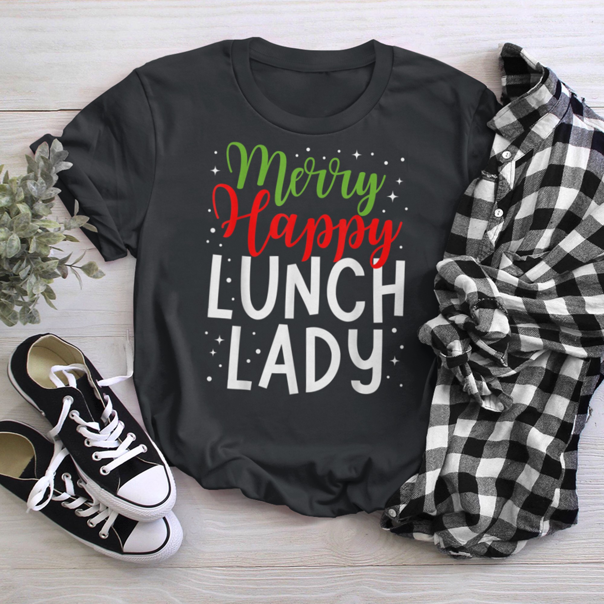 Merry Happy Lunch Lady New Year Christmas Cafeteria Crew (4) t-shirt black