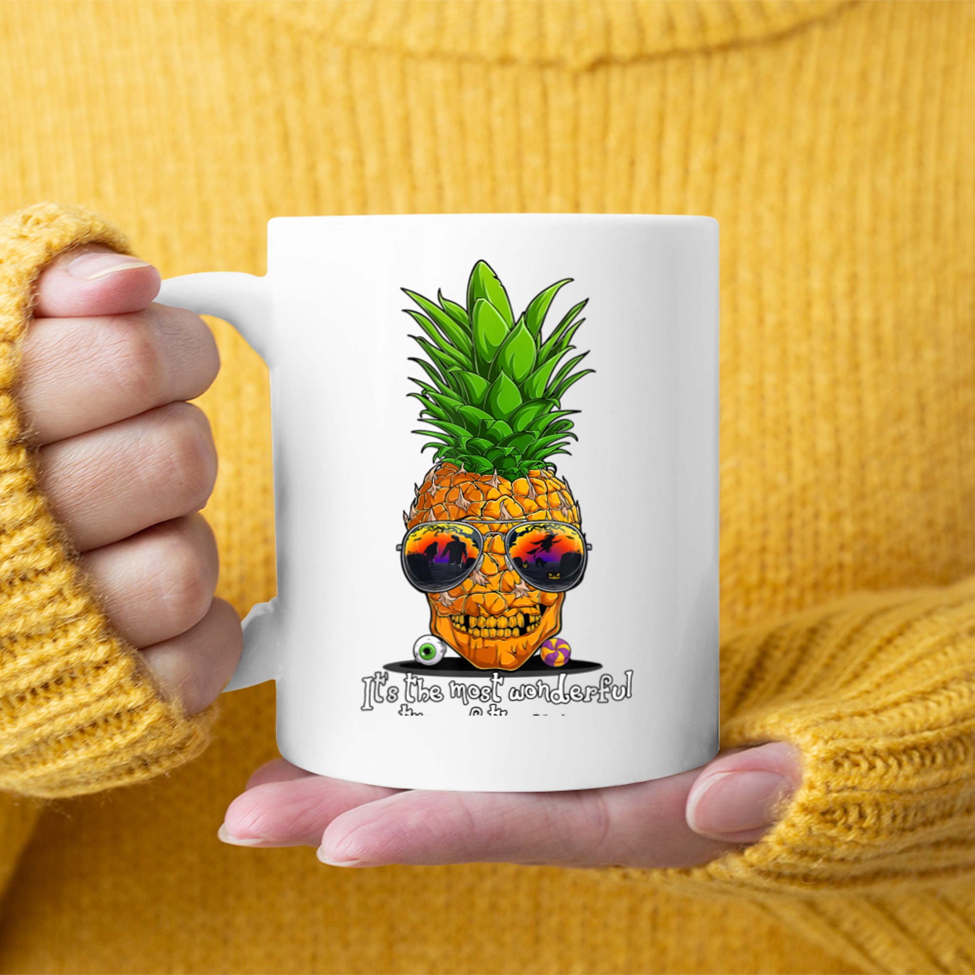 Pineapple Skull Most Wonderful Time of the Year Halloween mug white