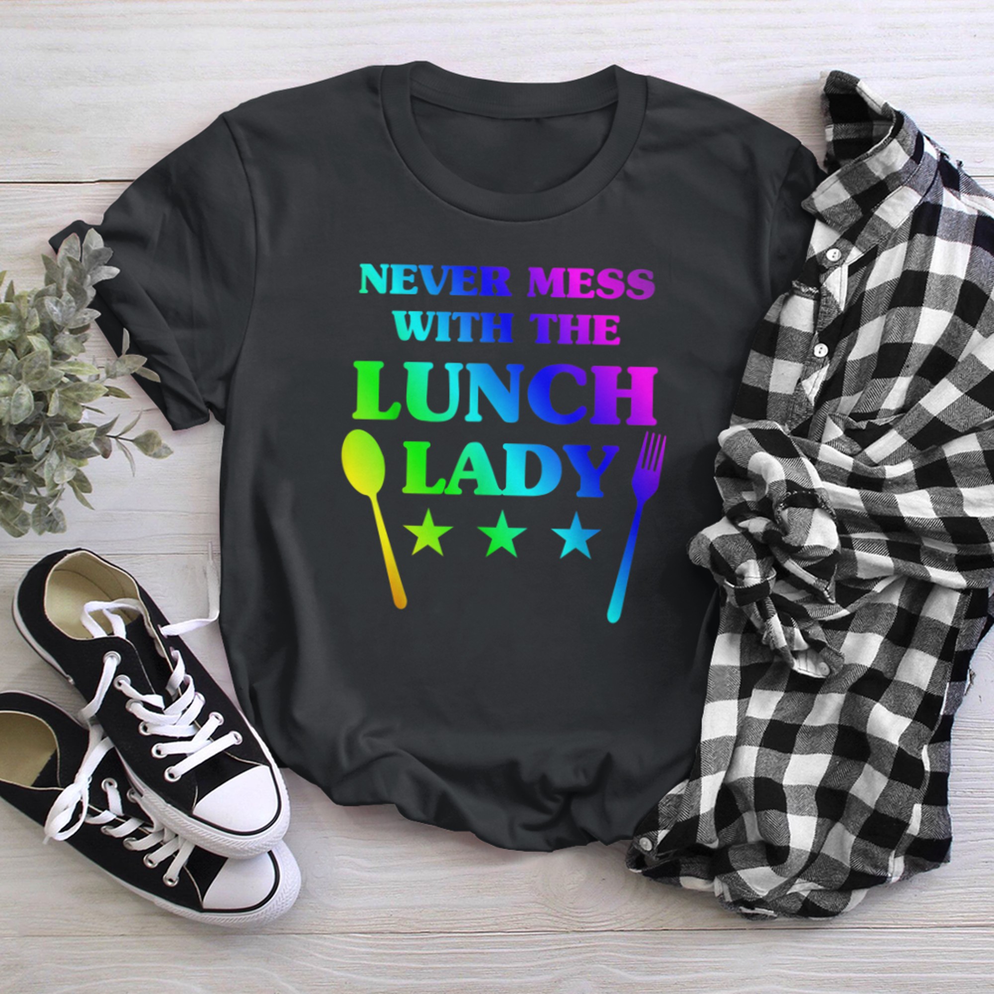 Rainbow Lunch Lady School Cafeteria Food Service Worker t-shirt black