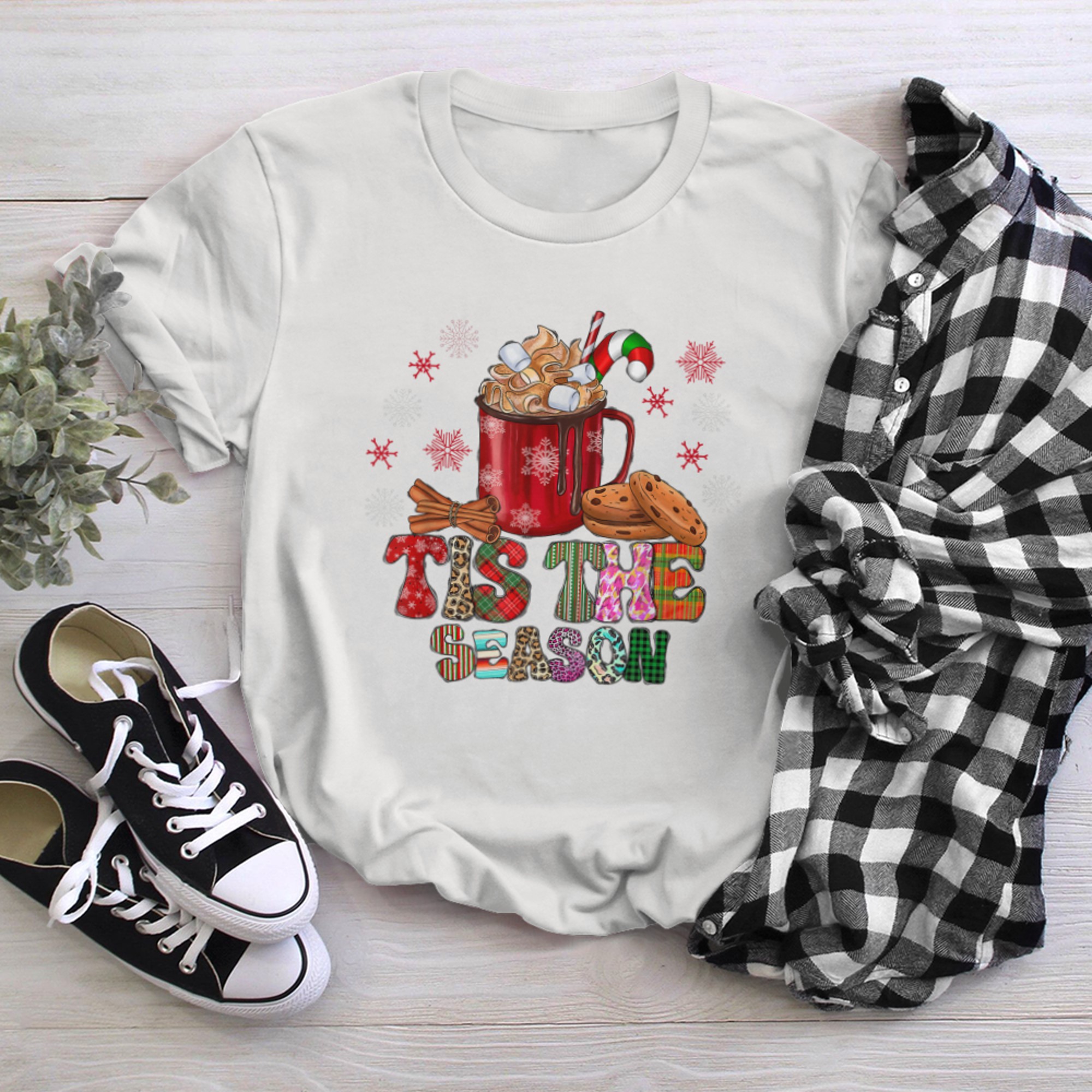 Retro Tis The Season Leopard Plaid Hot Cocoa Cookies Xmas t-shirt White