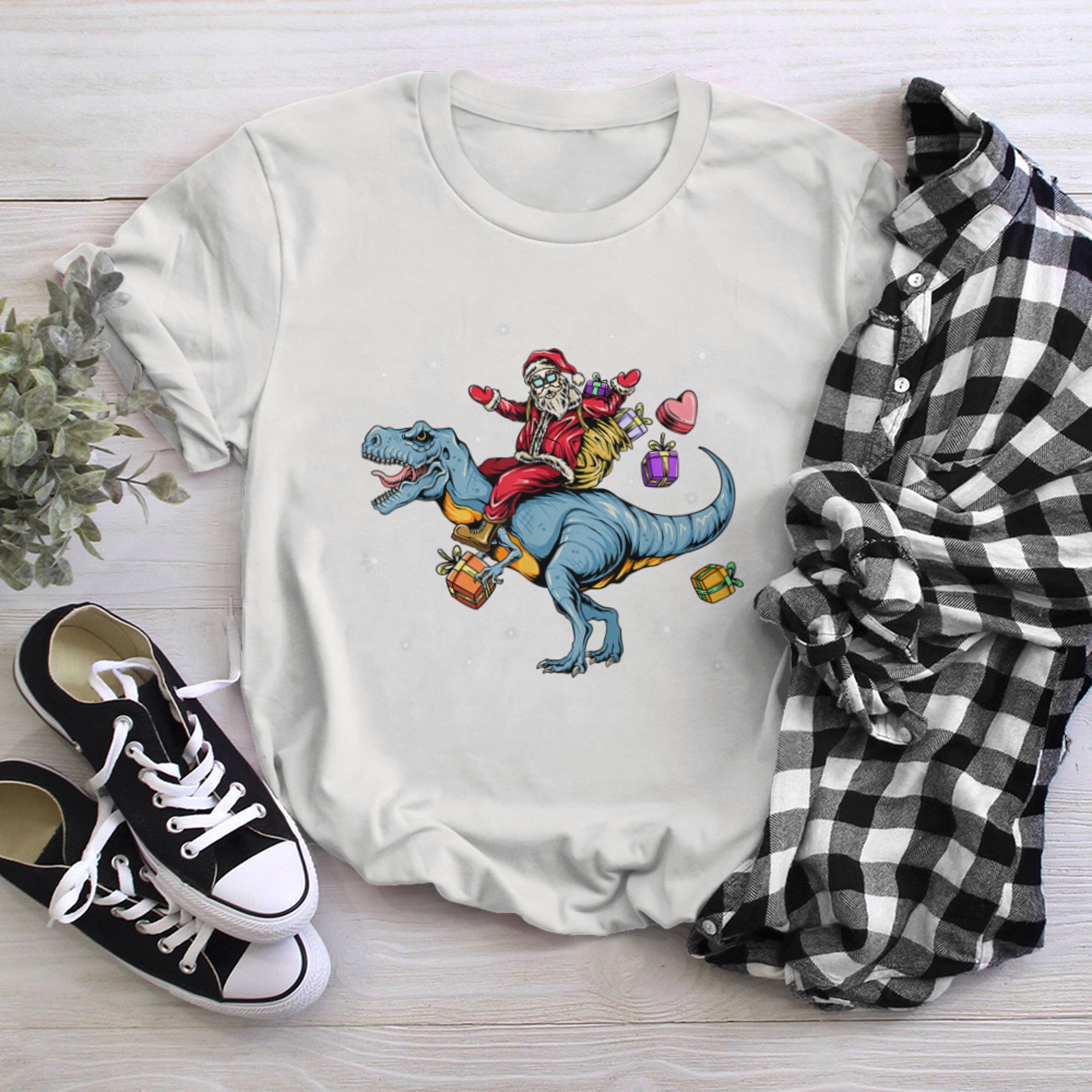 Santa Riding Dinosaur T Rex Xmas Boys Men Christmas t-shirt White