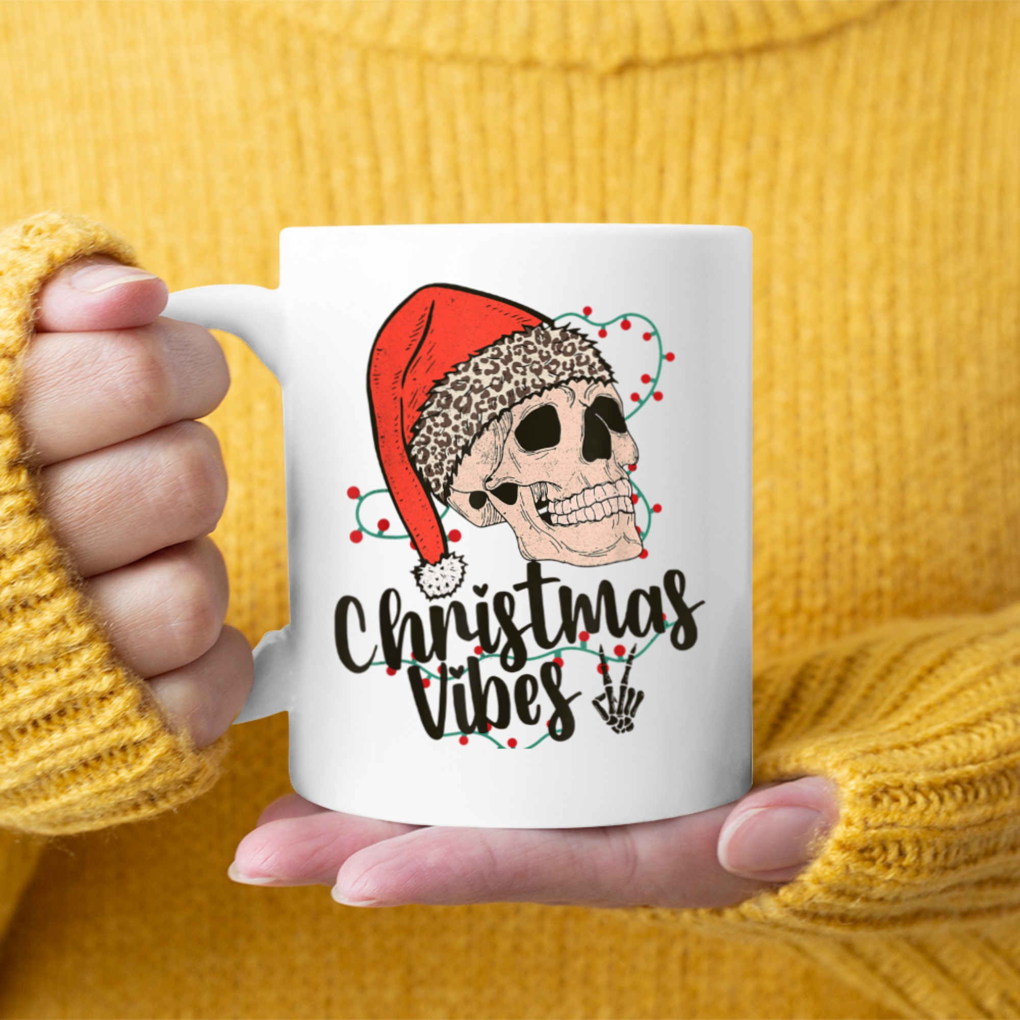 Skeleton Skull Christmas Vibes Leopard Santa Hat Xmas Lights mug white