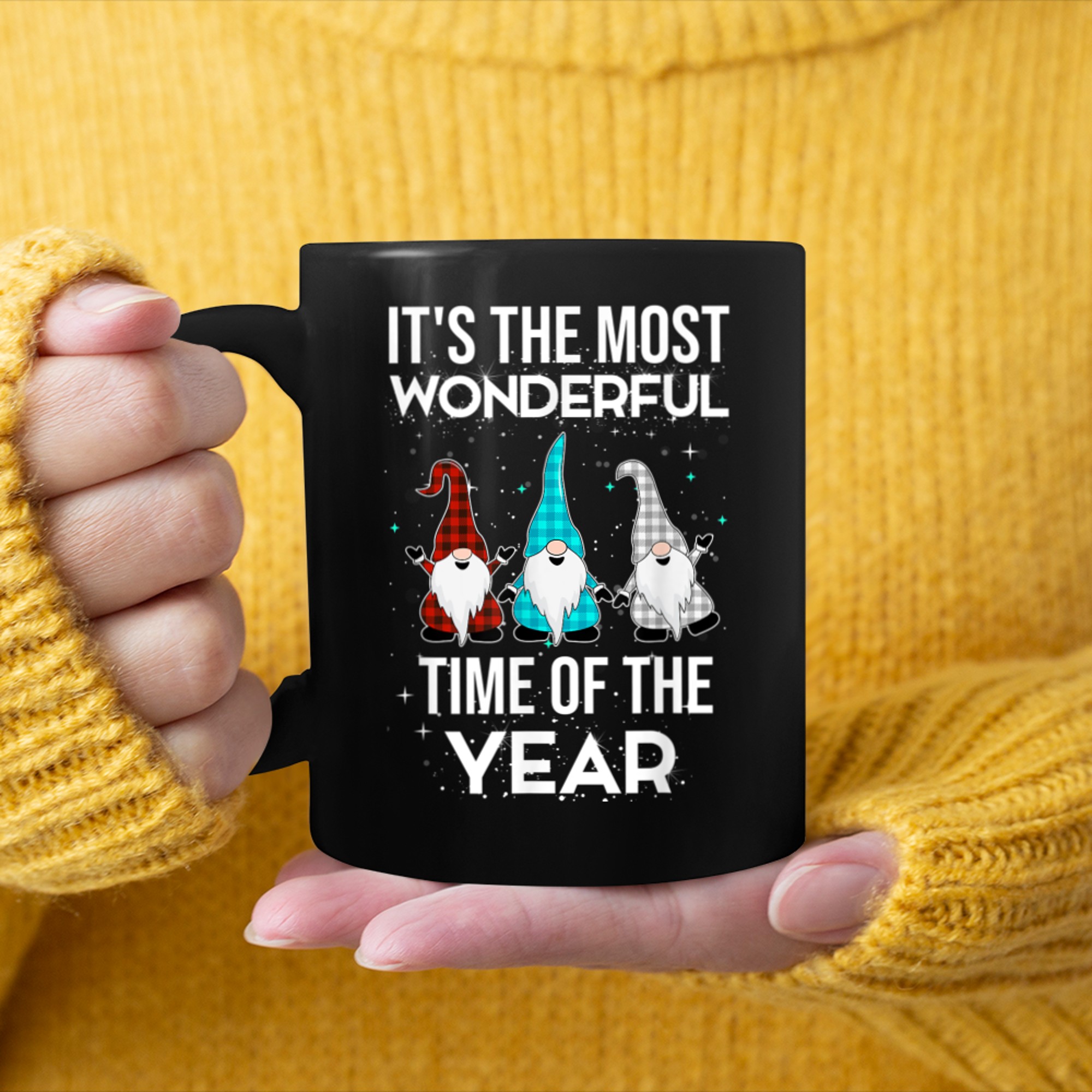 the most wonderful time of the year Buffalo Plaid Gnomies mug black