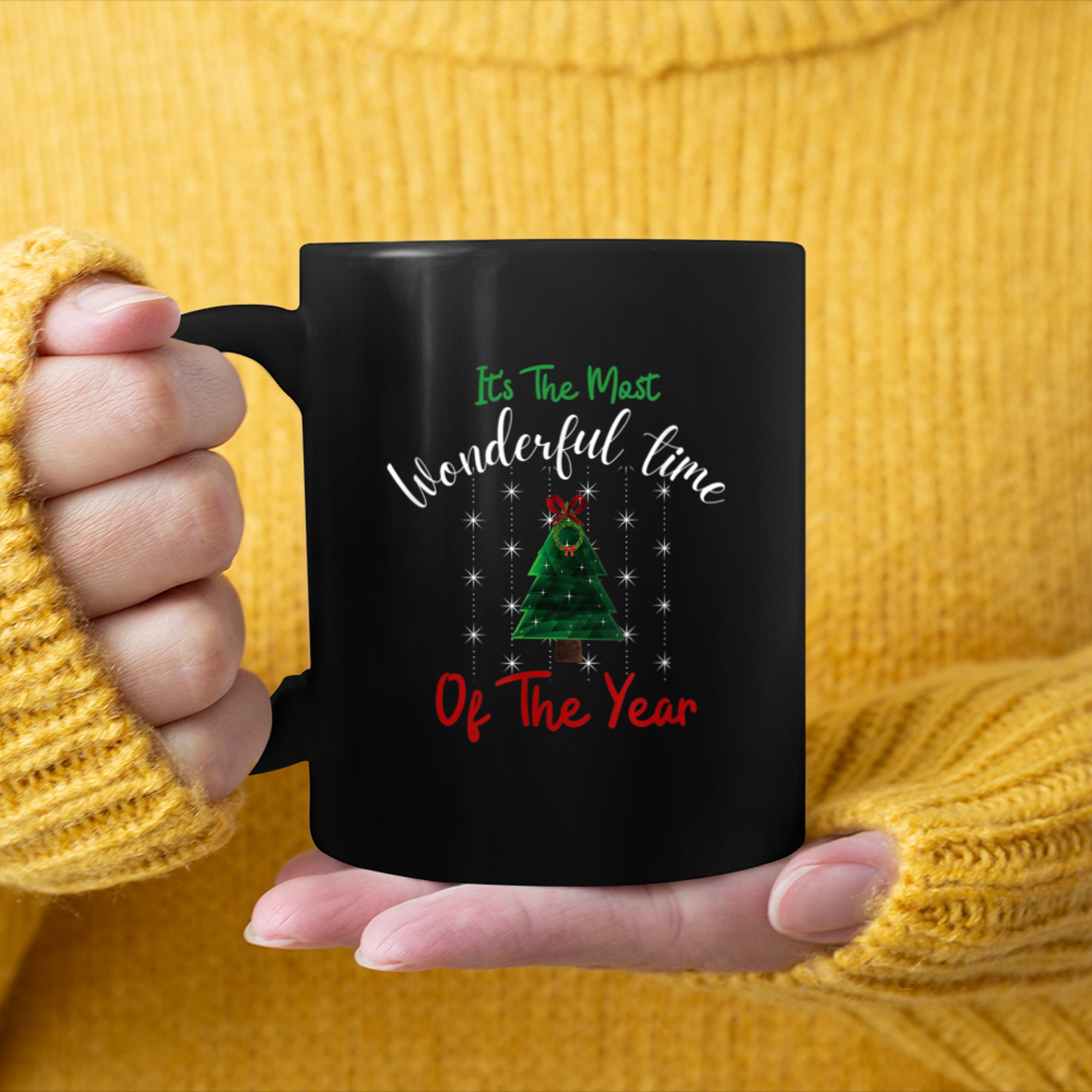 THE MOST WONDERFUL TIME OF THE YEAR, WINTER HOLIDAYS, XMAS mug black