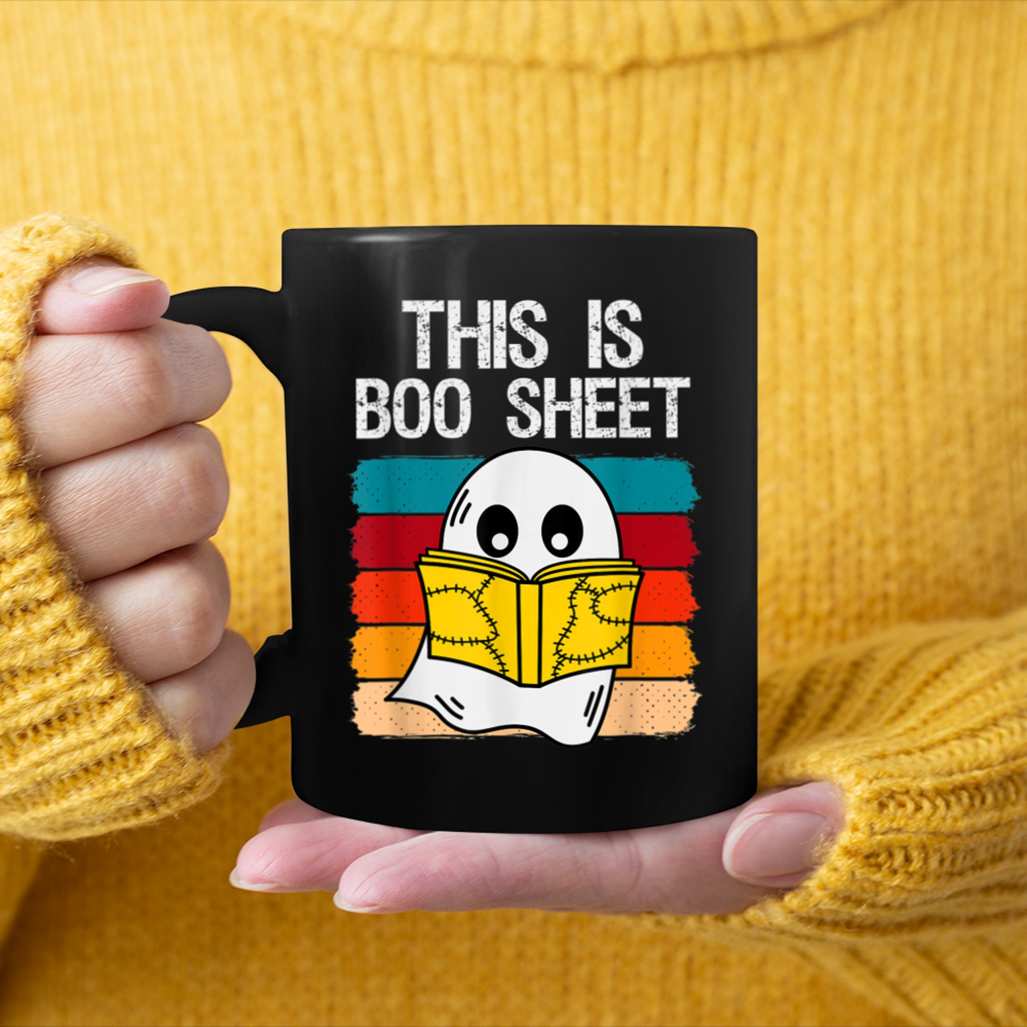 This Is Boo Sheet Ghost Book Retro Halloween Tee Men Women mug black