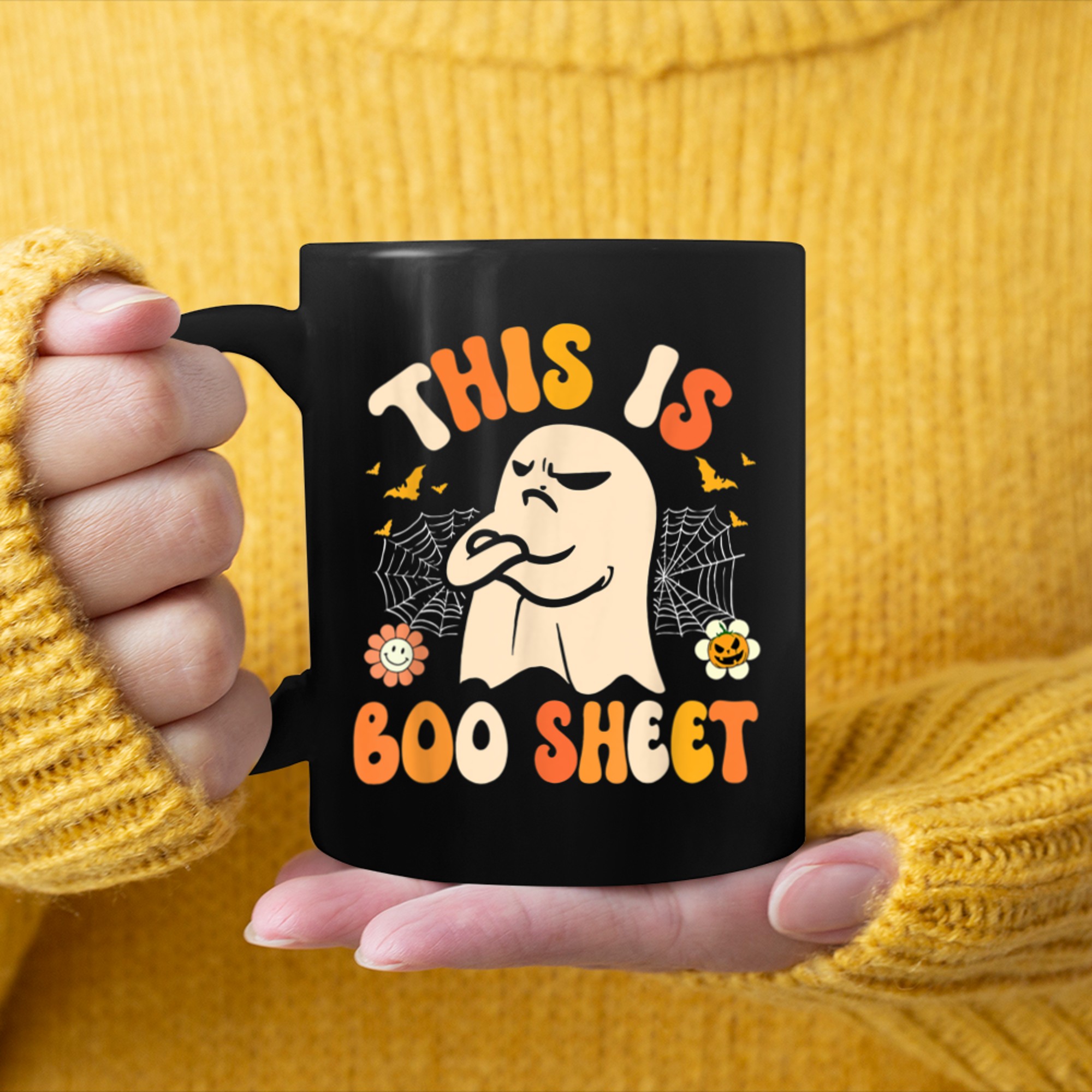 This Is Boo Sheet Ghost Halloween Flowers (2) mug black