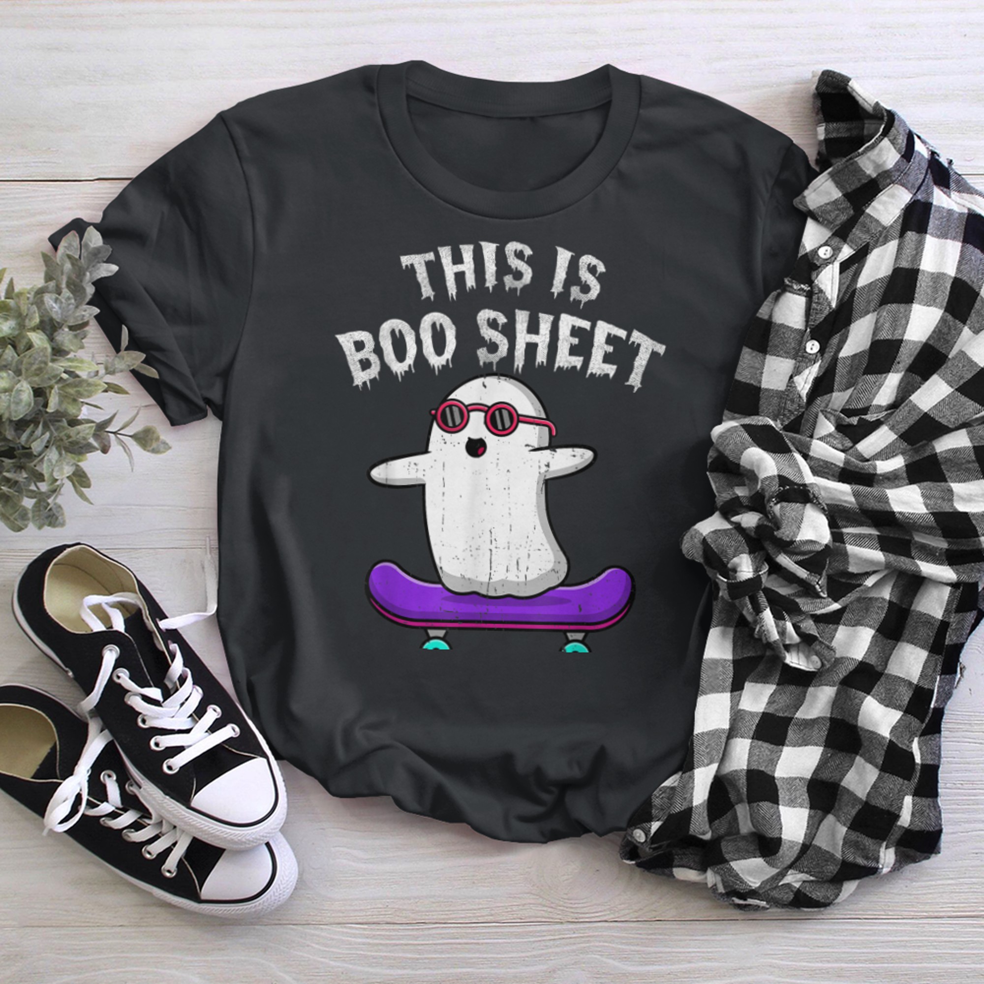 This Is Boo Sheet Ghost Skateboard Halloween Men Women t-shirt black