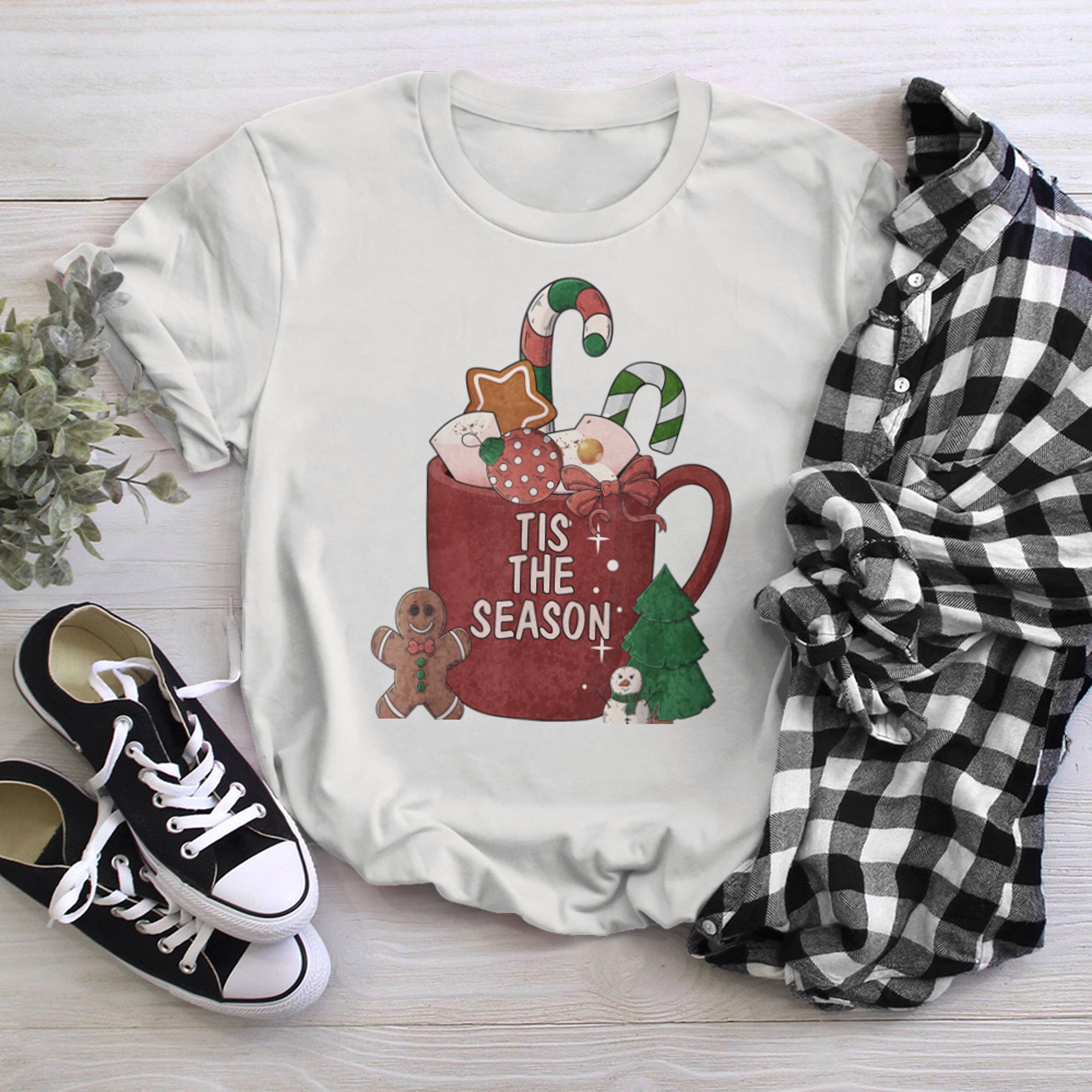 Tis The Season Hot Cocoa Gingerbread Snowman Christmas Tree t-shirt White