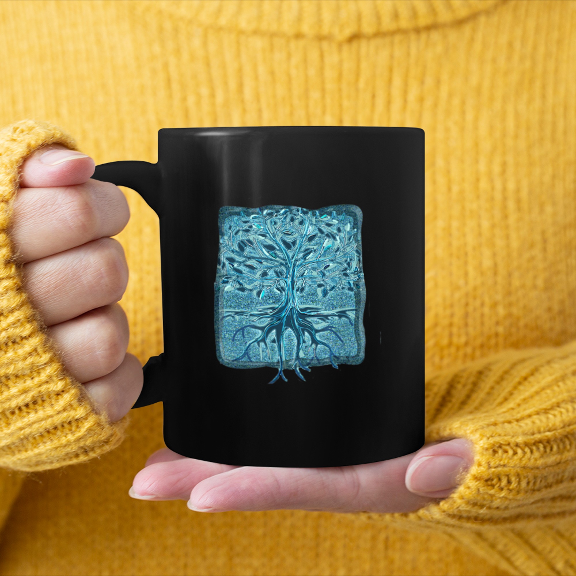 A Jade Colored Teal Blue Tree of Life mug black