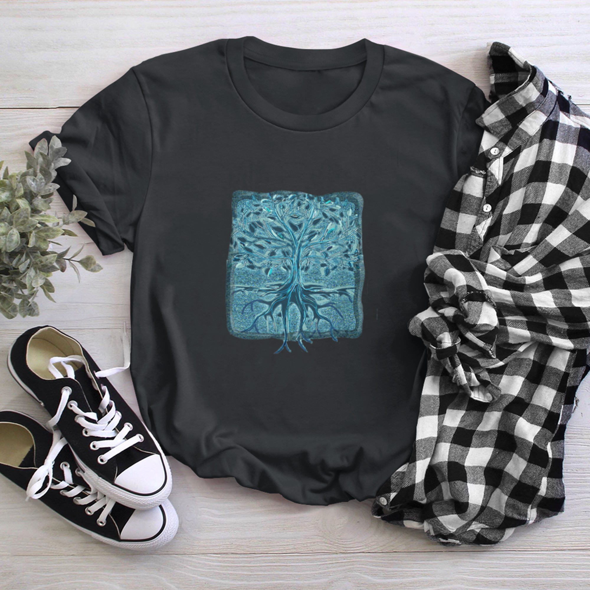 A Jade Colored Teal Blue Tree of Life t-shirt black