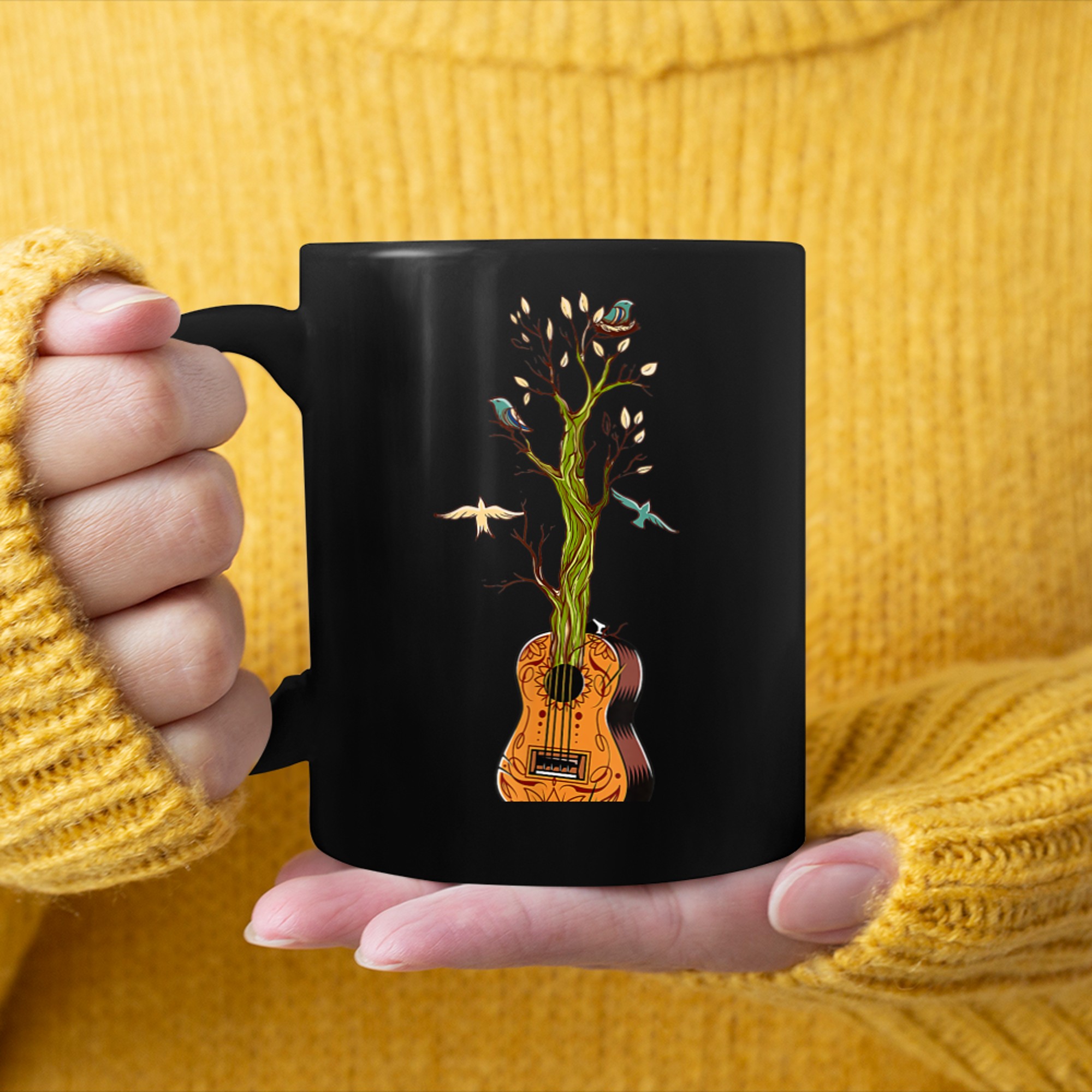 Acoustic Guitar Tree of Life Zen Yoga Forest mug black