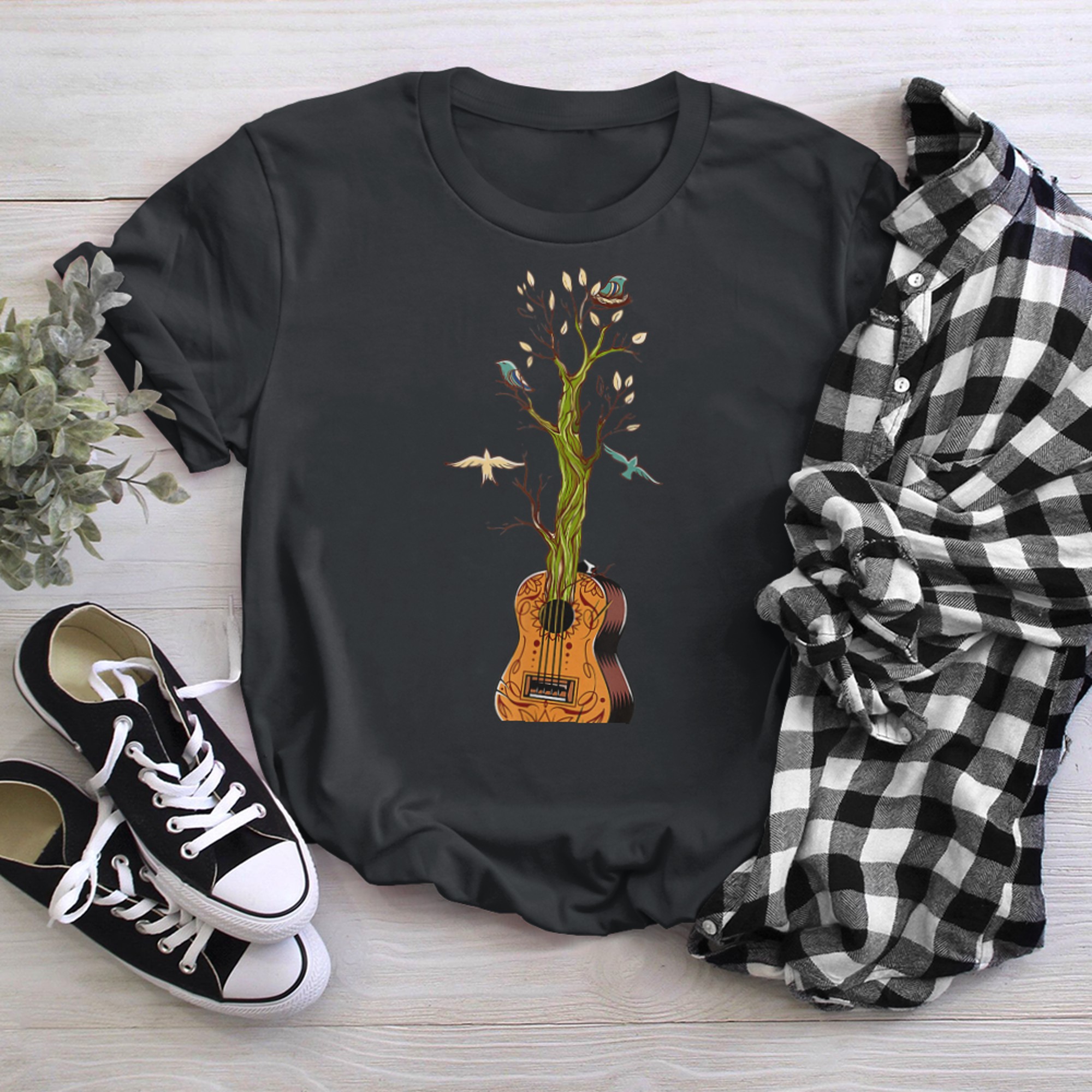 Acoustic Guitar Tree of Life Zen Yoga Forest t-shirt black