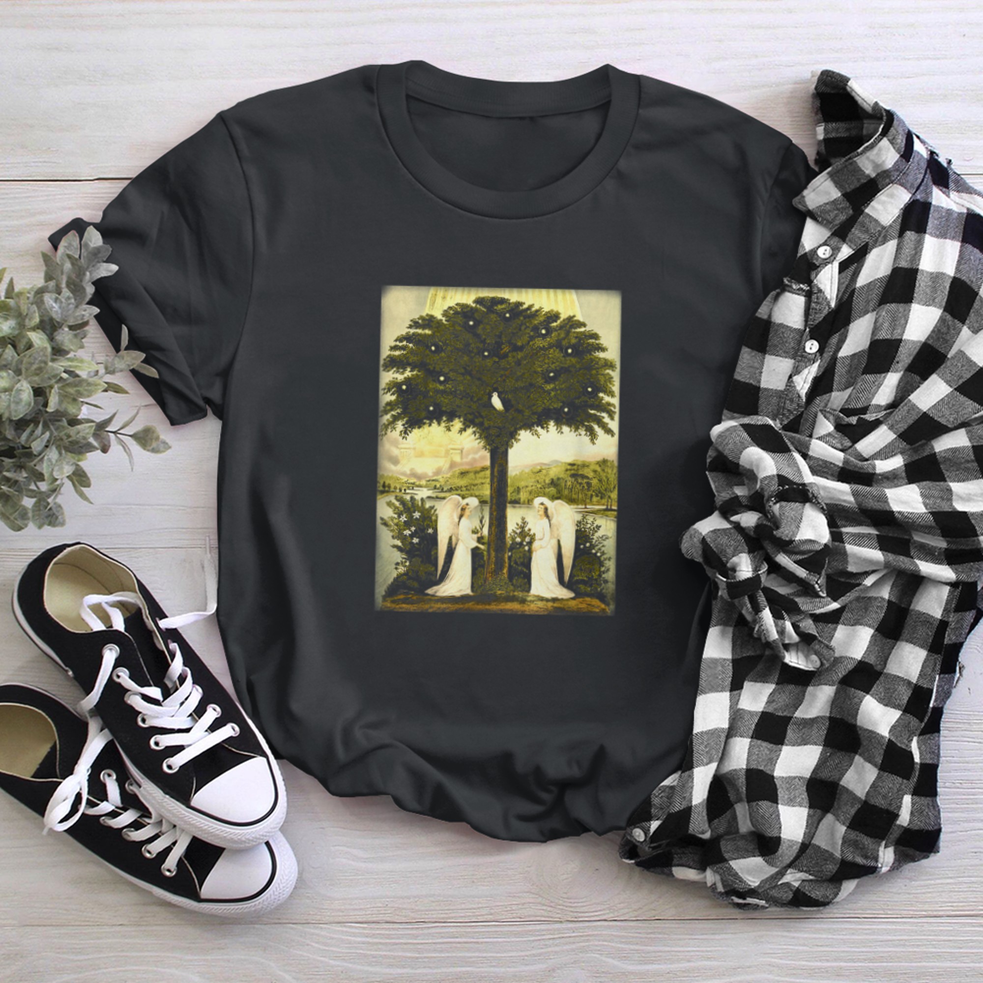 Angelic Tree of Life Cute Tree With Angels t-shirt black