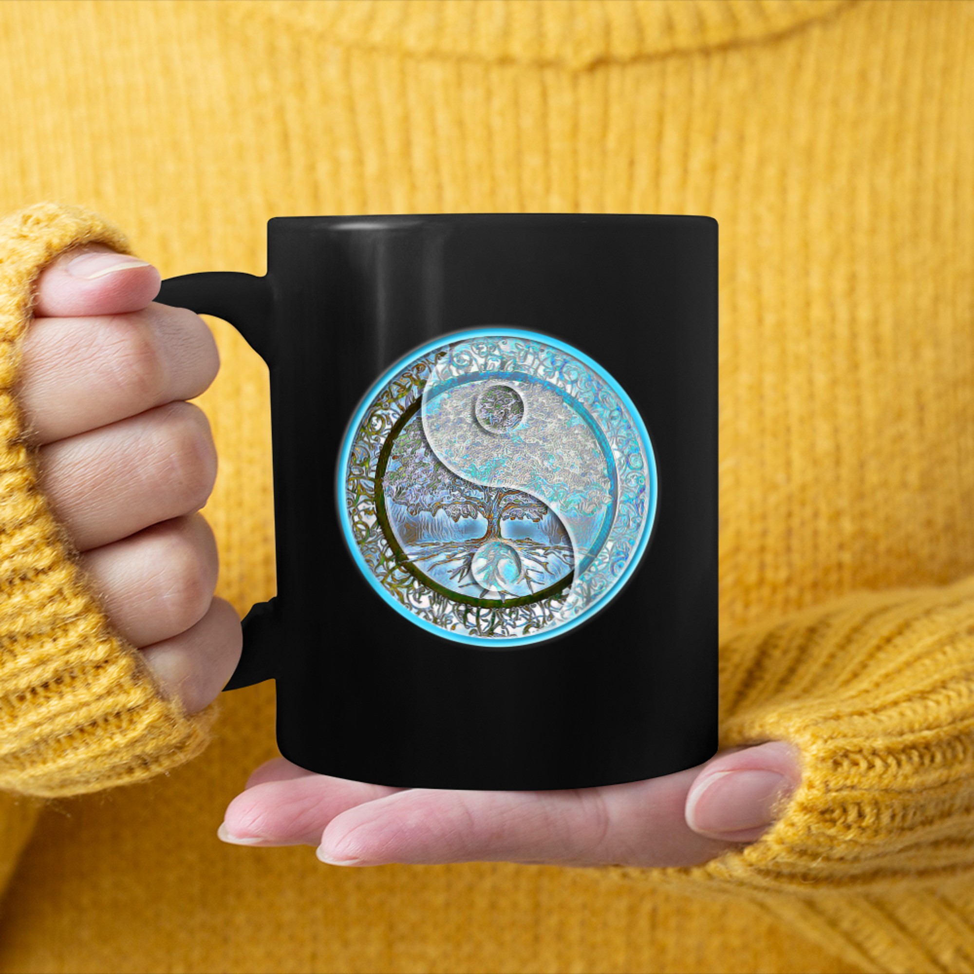 Blue Yin Yang with Tree of Life Artwork by Amelia Carrie mug black