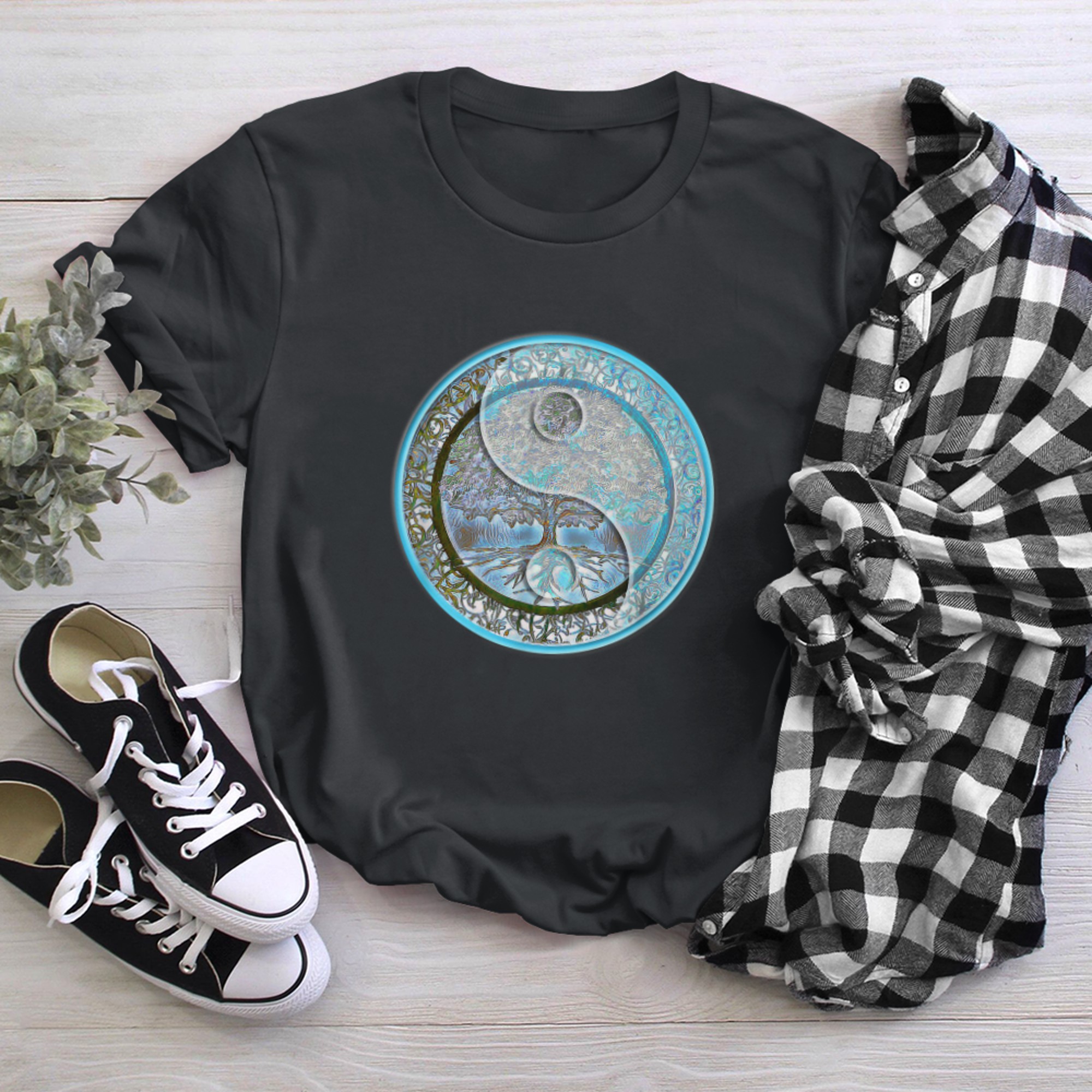 Blue Yin Yang with Tree of Life Artwork by Amelia Carrie t-shirt black