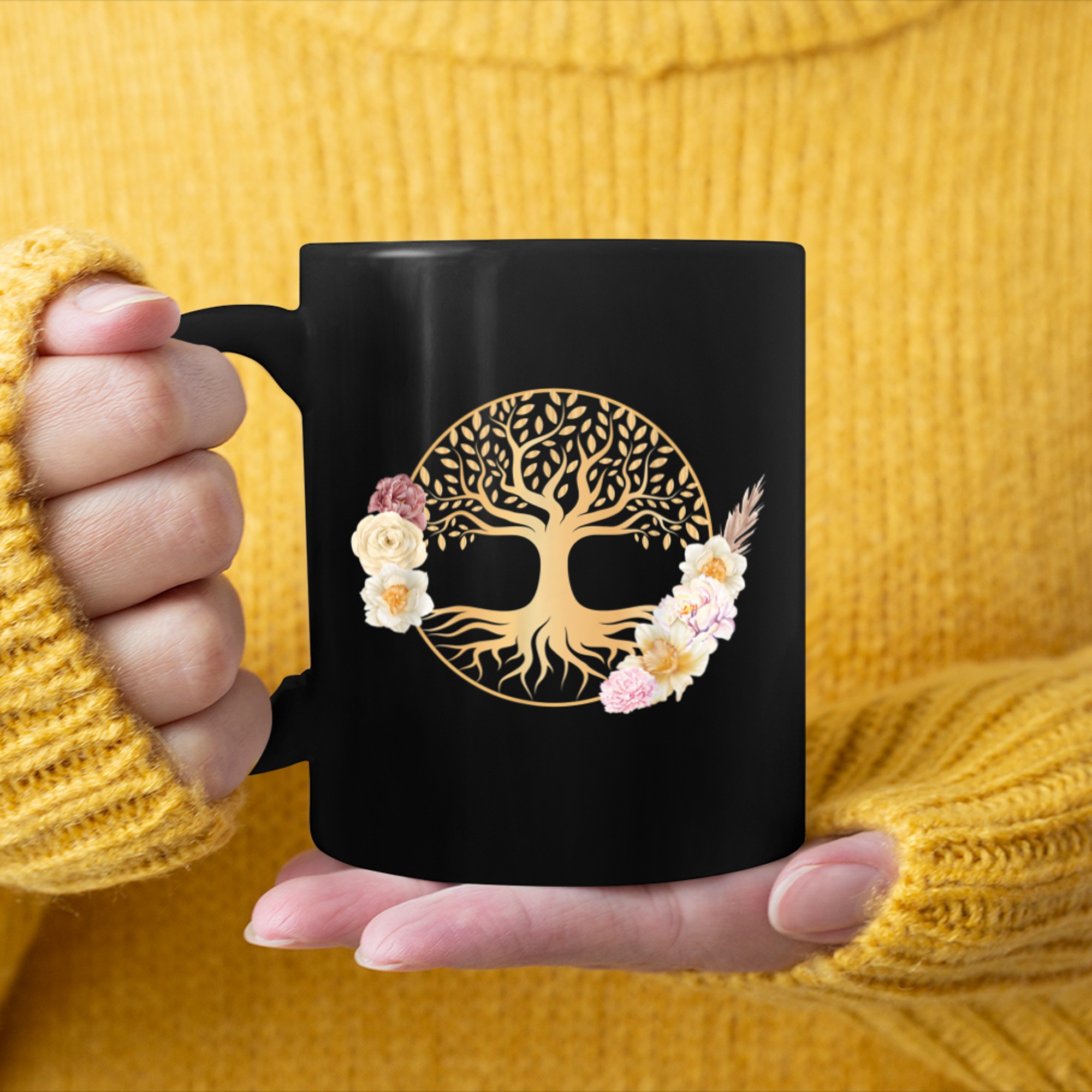 Boho Tree Of Life With Flowers Floral Celtic Spiritual Yoga mug black