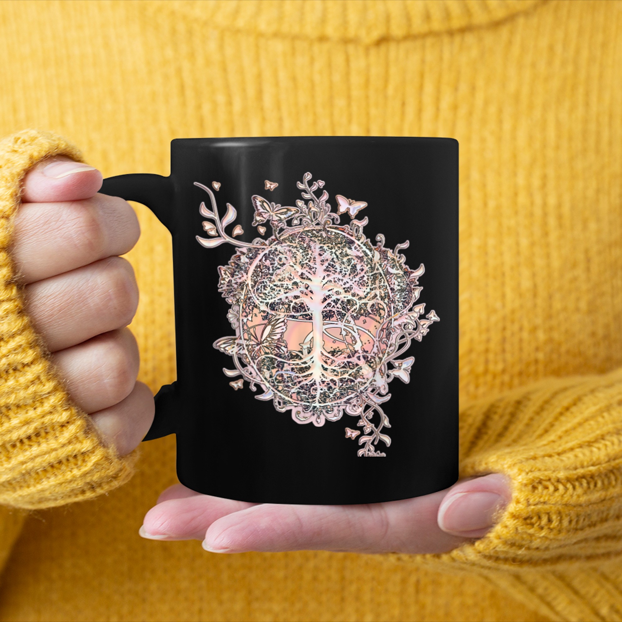 Butterflies, Flowers and a Tree of Life mug black