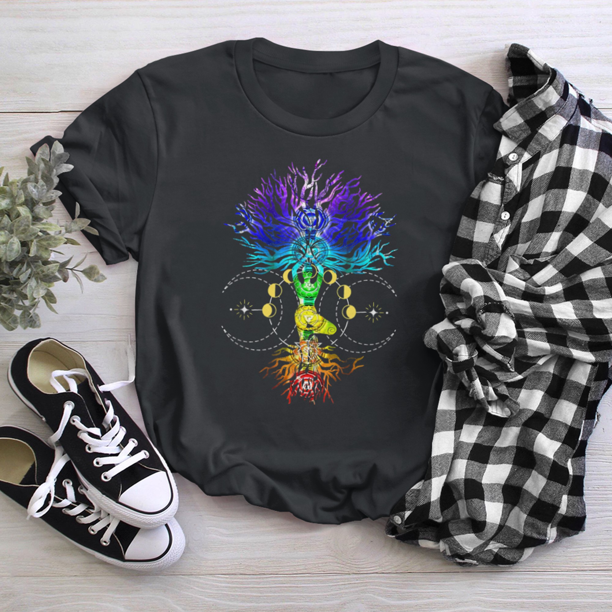 Chakra Tree of Life with Phases Of The Moon Hatha Yoga (1) t-shirt black