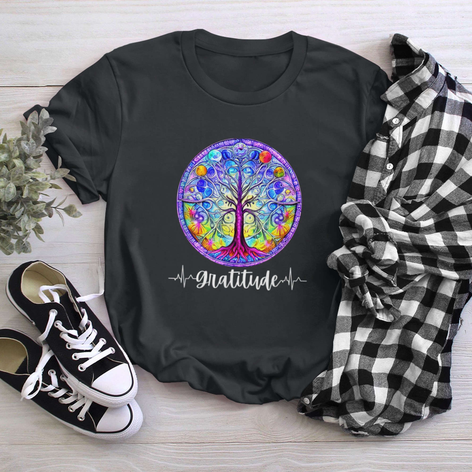 Chakra Whimsical Fantasy Tree of Life Gratitude t-shirt black