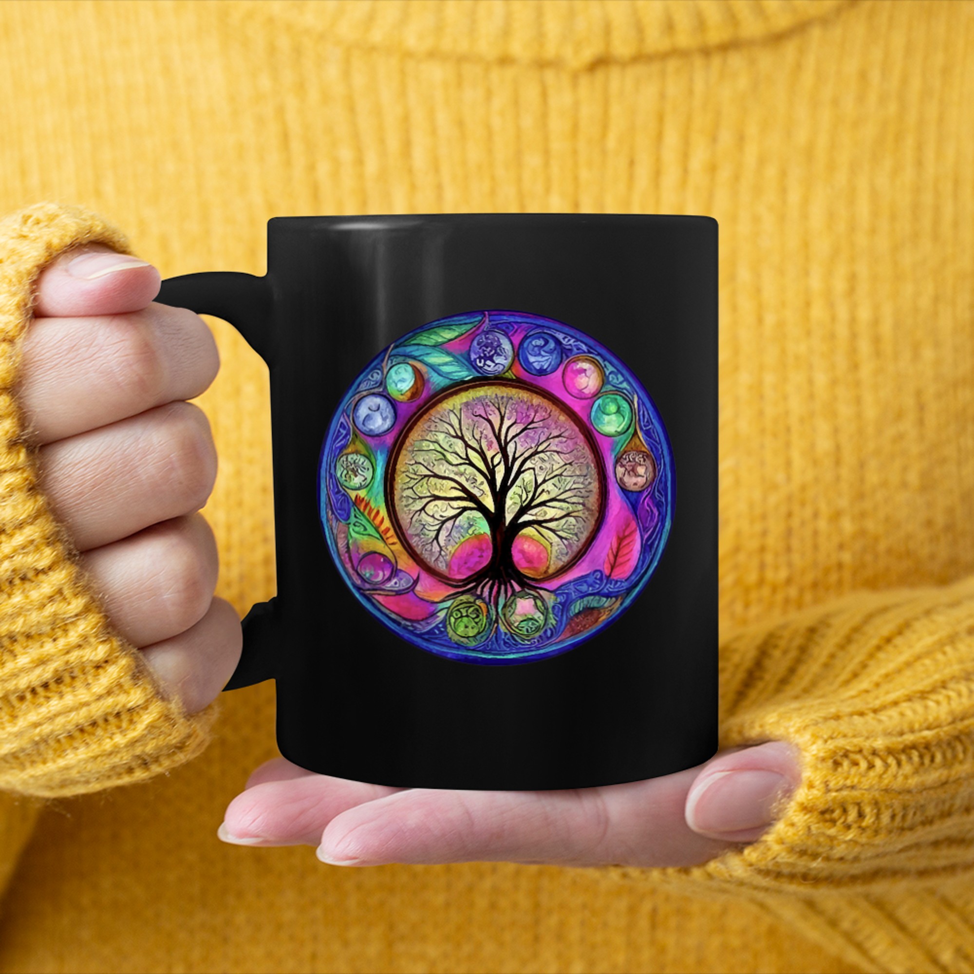 Chakra Whimsical Fantasy Tree of Life mug black