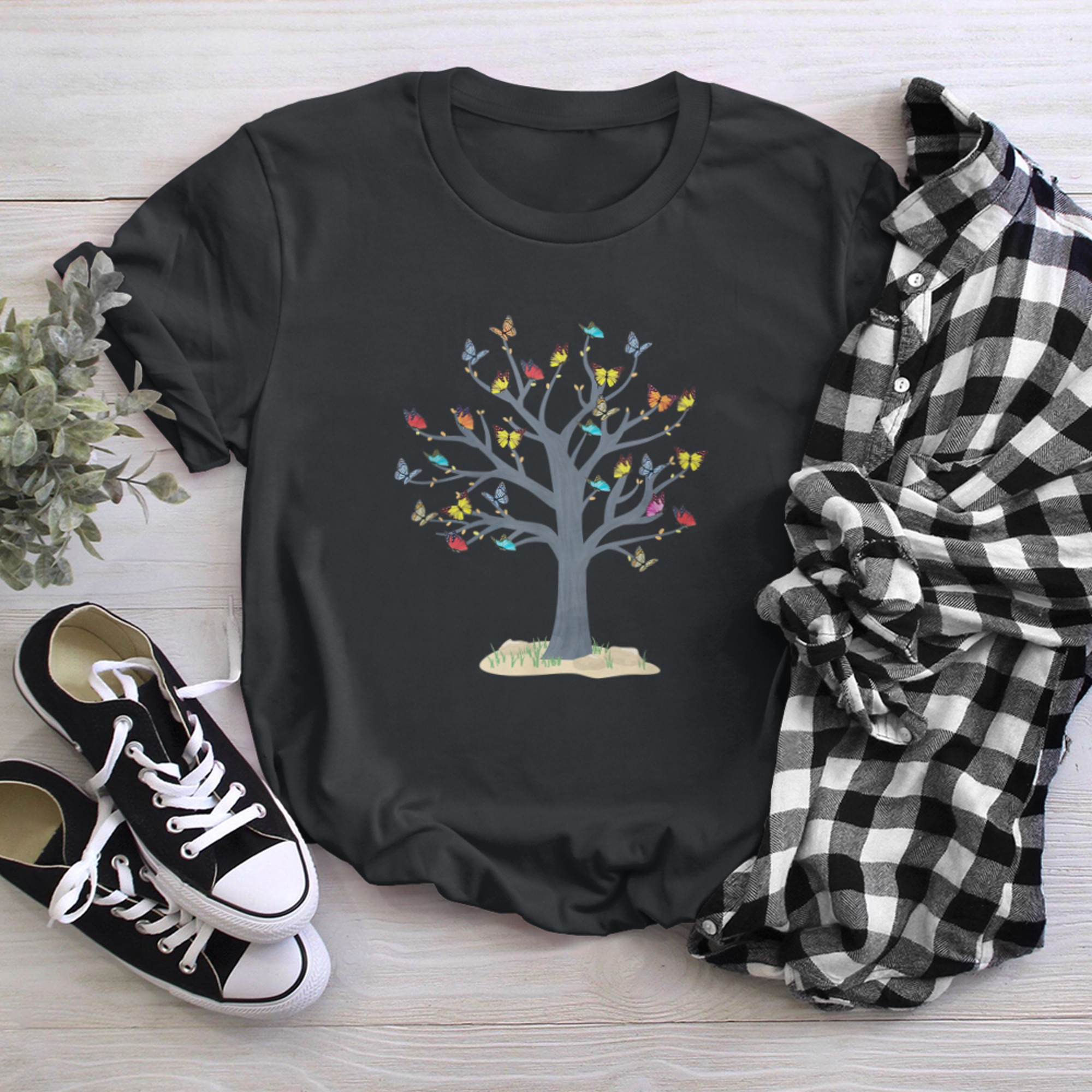 Colorful Butterfly Tree Huggers Butterflies Tree of Life t-shirt black