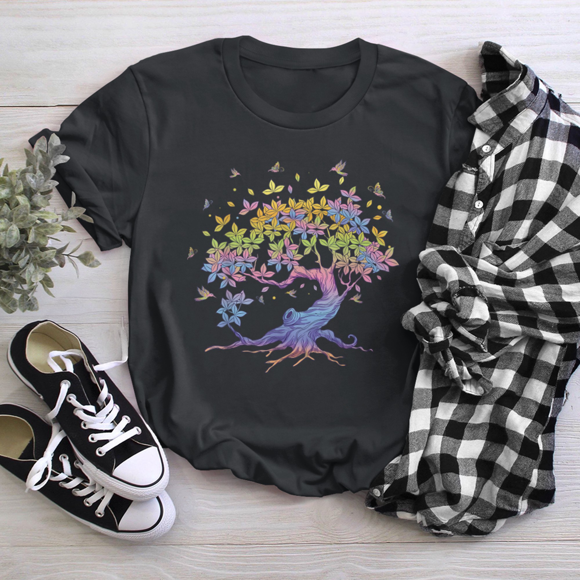 Colorful Life Is Really Good Tree Of Life Tree Art Butterfly t-shirt black