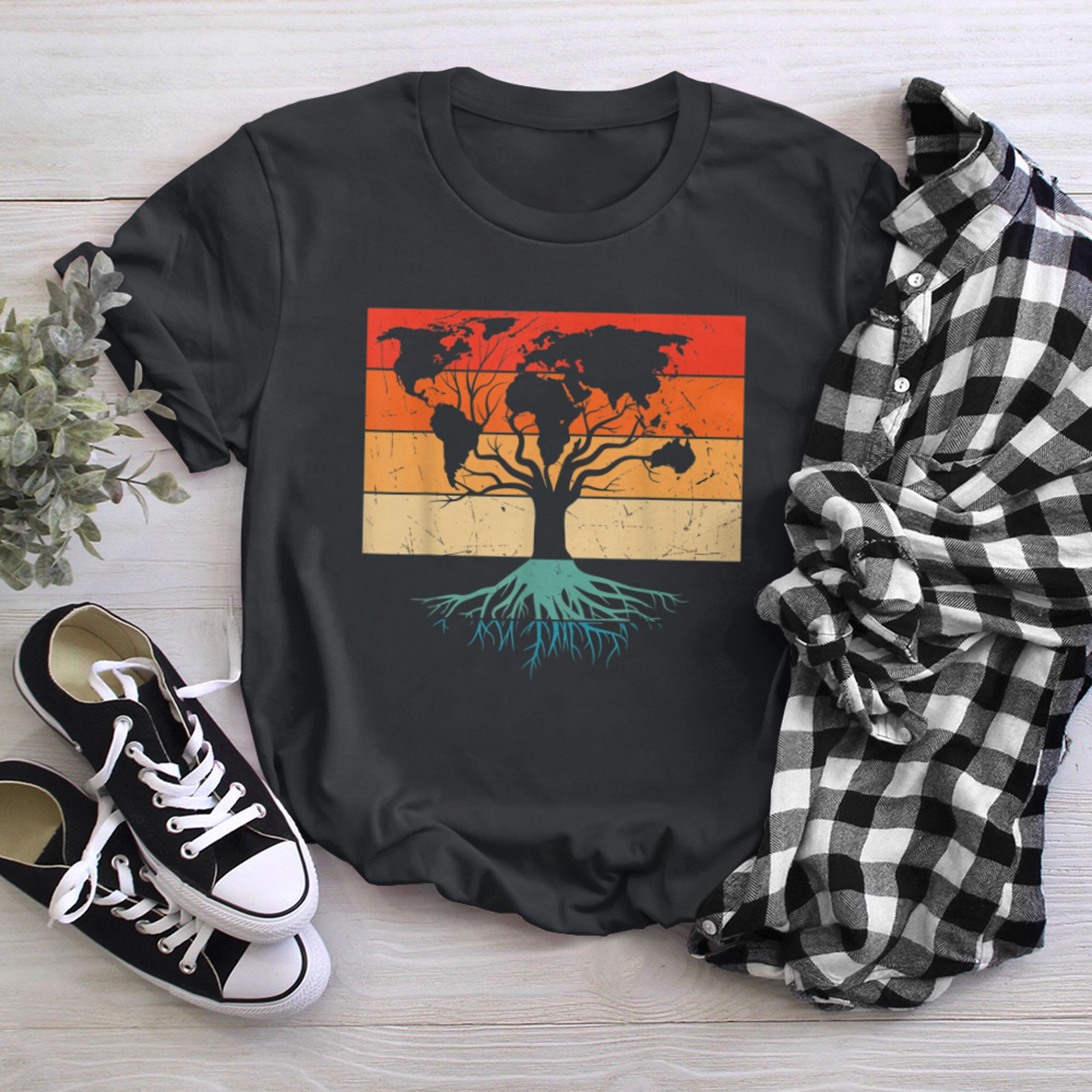 Continents Tree Of Life Retro Sunset t-shirt black