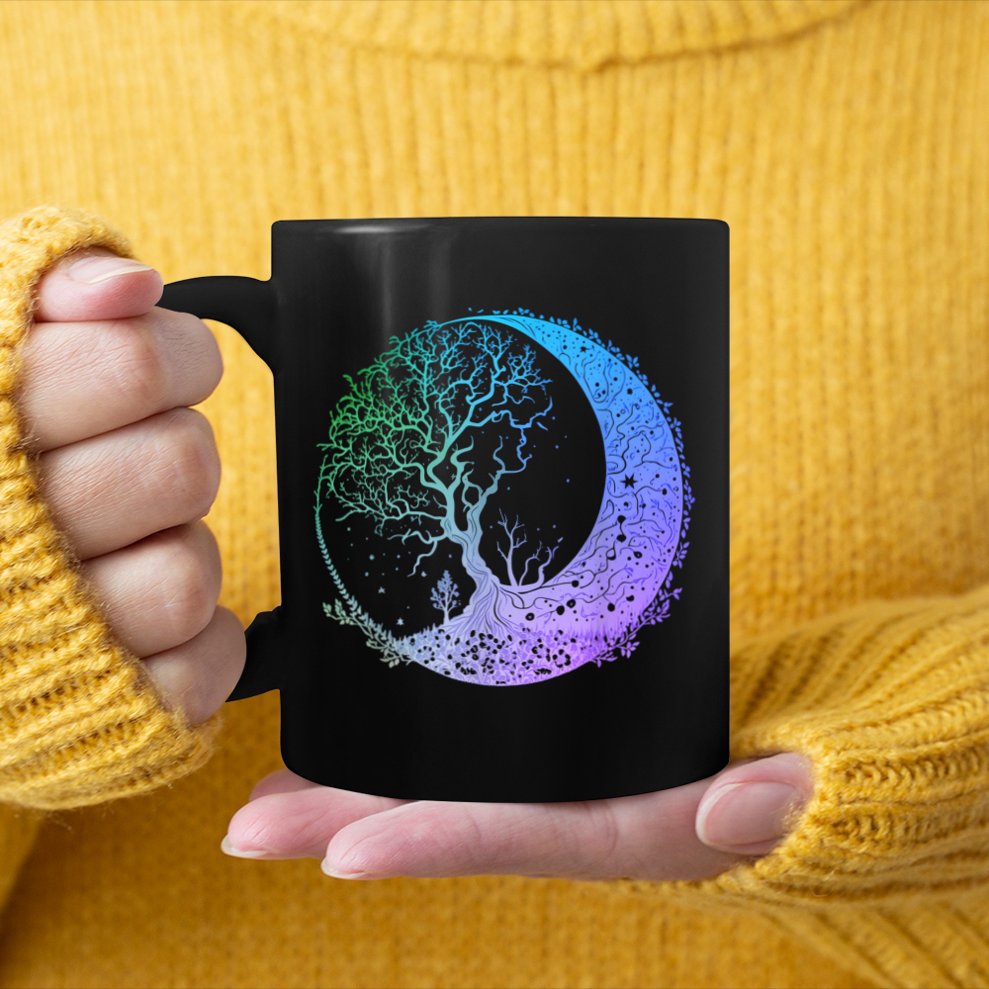 Crescent Moon Phases Mandala Chakra Tree of Life Yoga (2) mug black