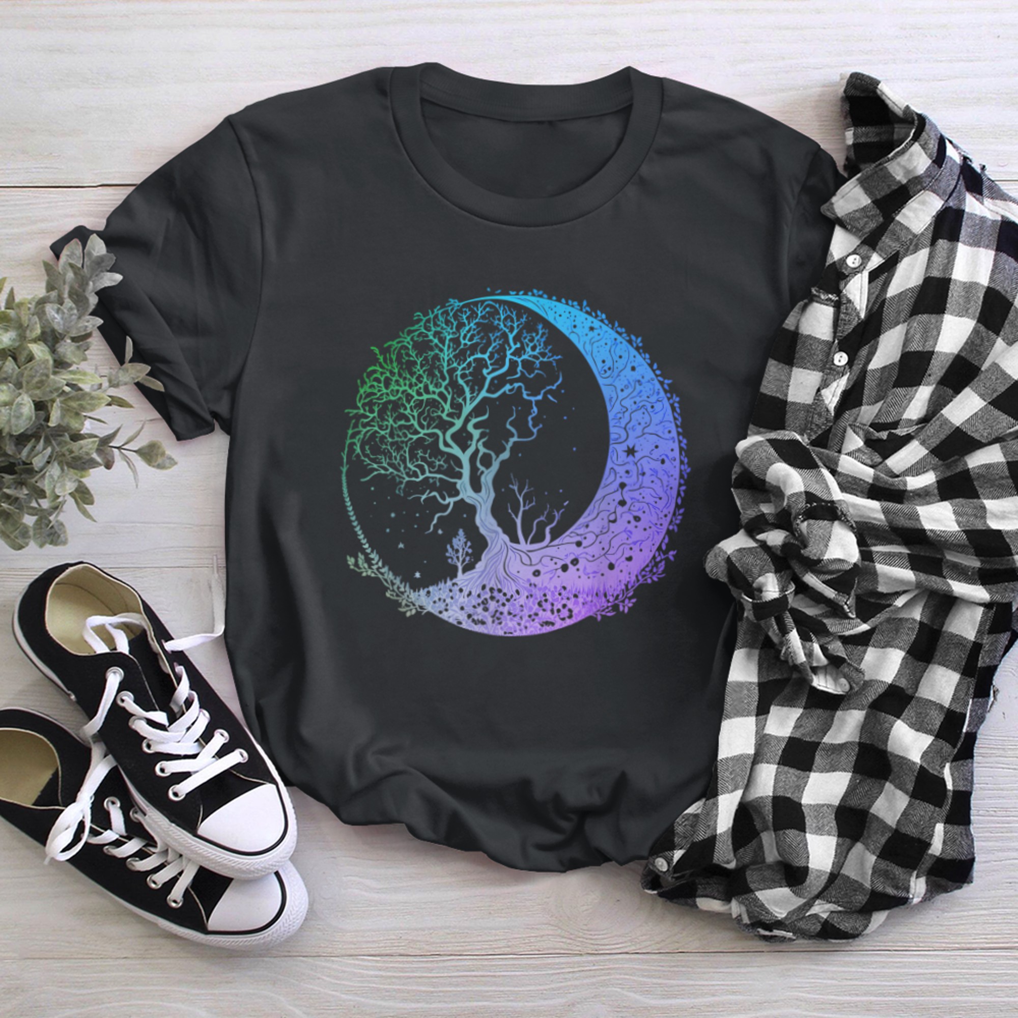 Crescent Moon Phases Mandala Chakra Tree of Life Yoga (2) t-shirt black