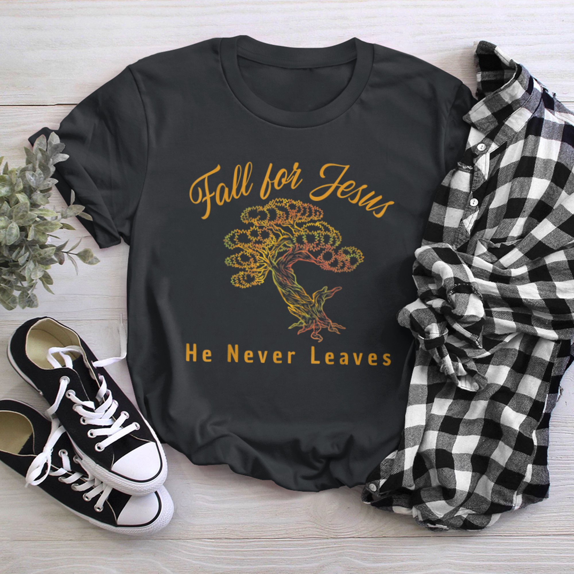 Fall For Jesus He Never Leaves (1) t-shirt black