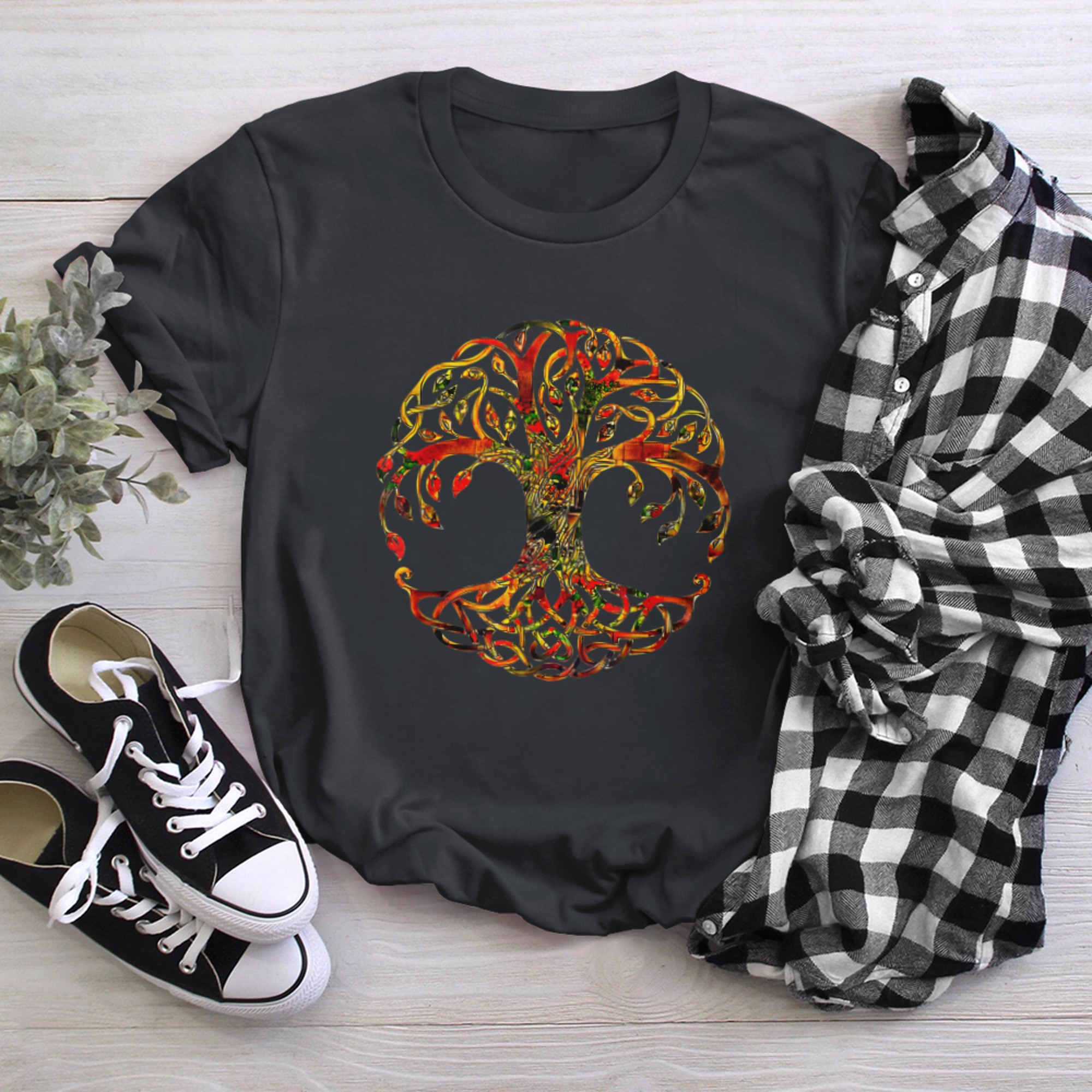 Fiery Celtic TREE OF LIFE Viking Yggdrasil Pagan Earth Tones t-shirt black