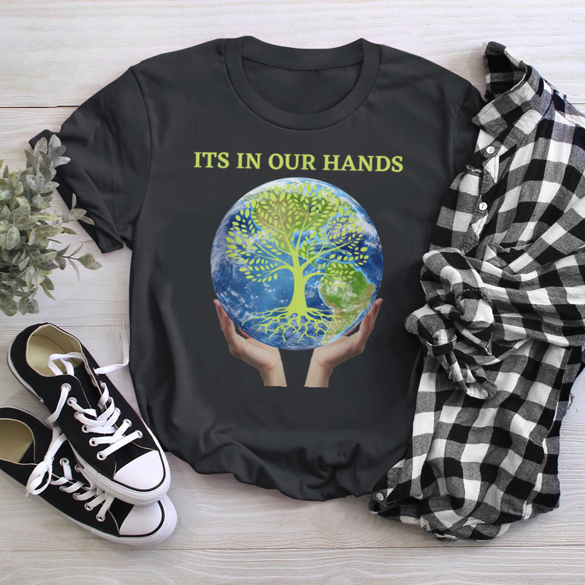 ITS IN OUR HANDS World Earth Day Green and tree of life t-shirt black