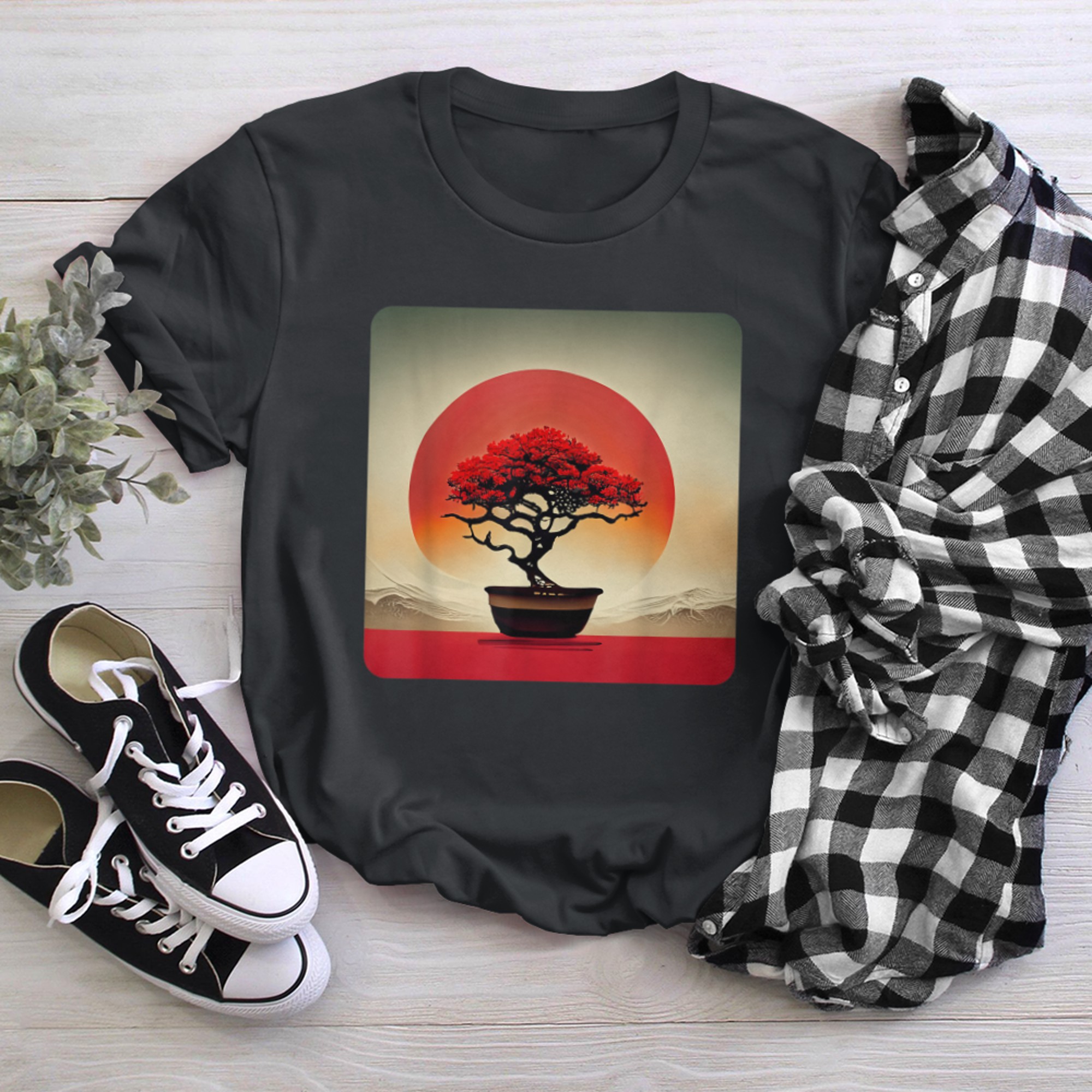 Japanese Bonsai Tree Of Life With Sunset Background t-shirt black