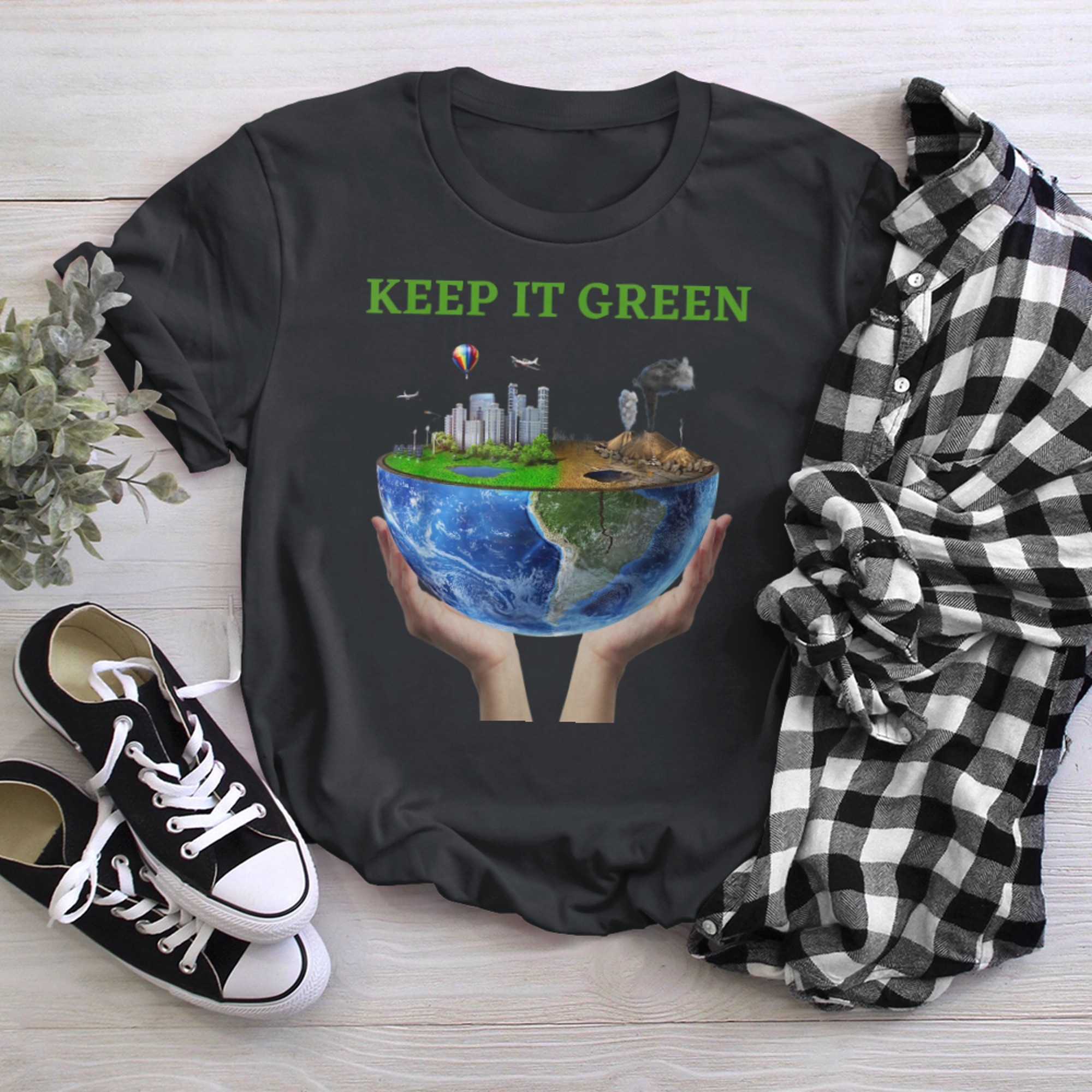 KEEPING IT GREEN World Earth Day Green ECO planet and tree t-shirt black