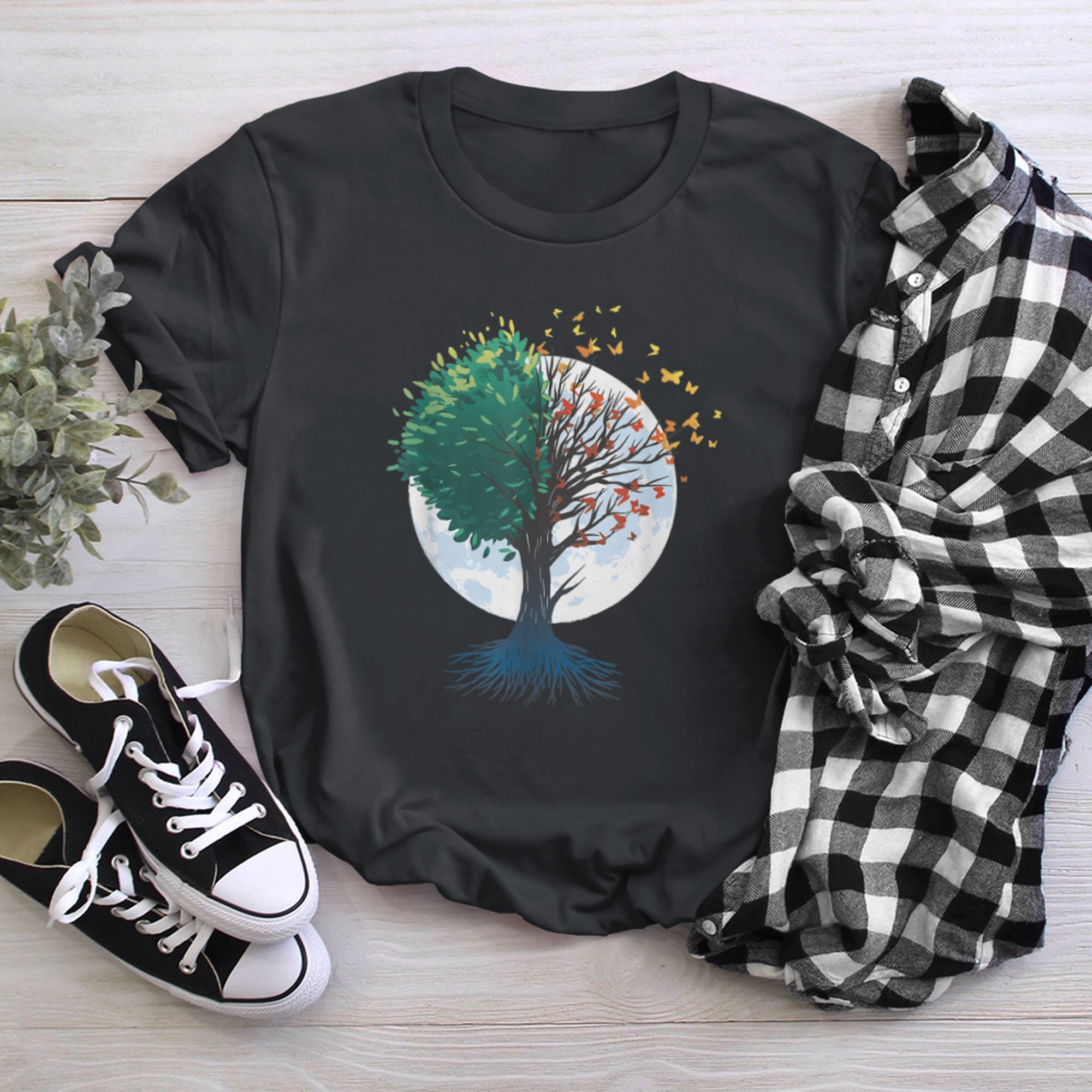 Magic Celtic Tree of Life with Butterflies t-shirt black