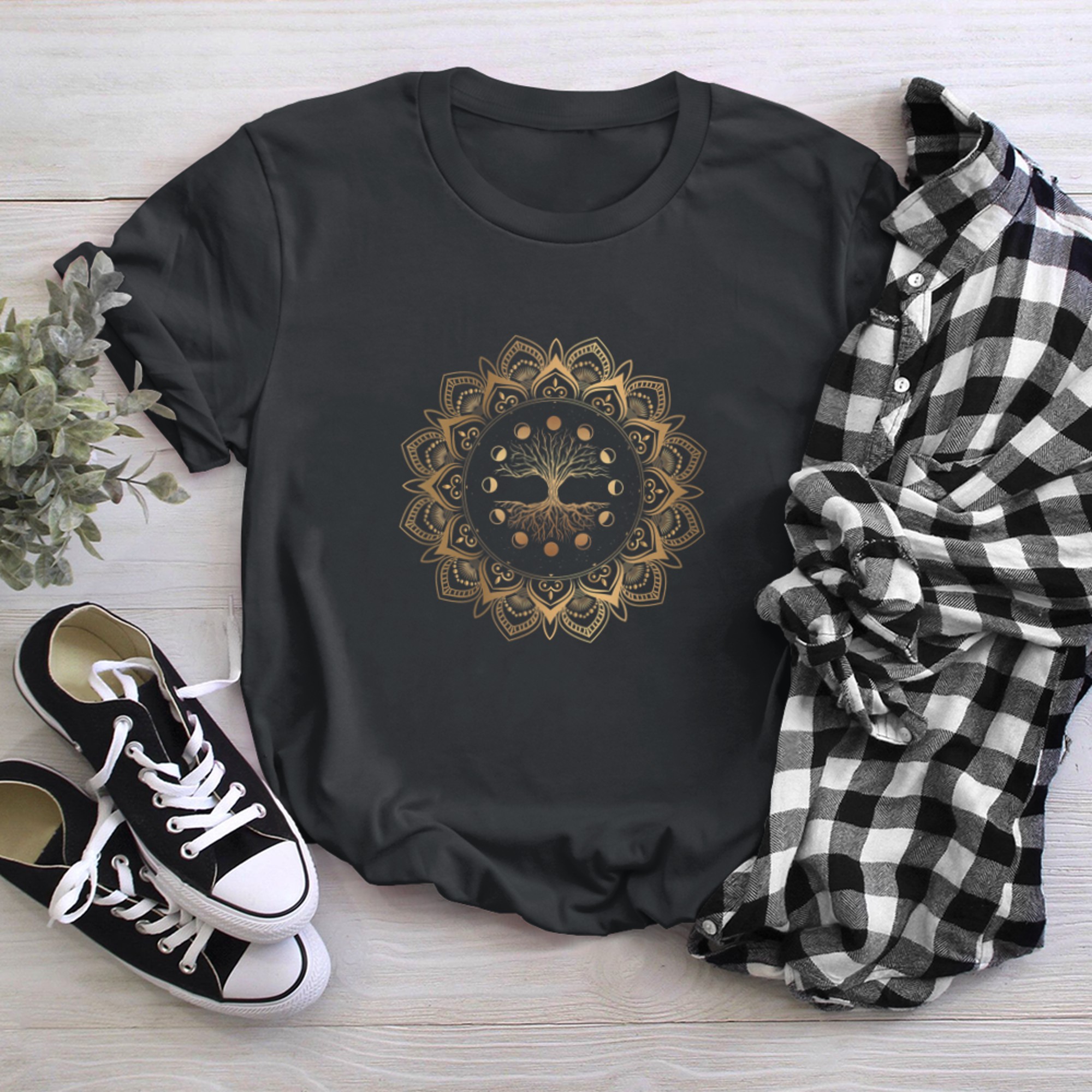 Mandala Moon Phases Tree of Mystical Life Yoga Meditation t-shirt black