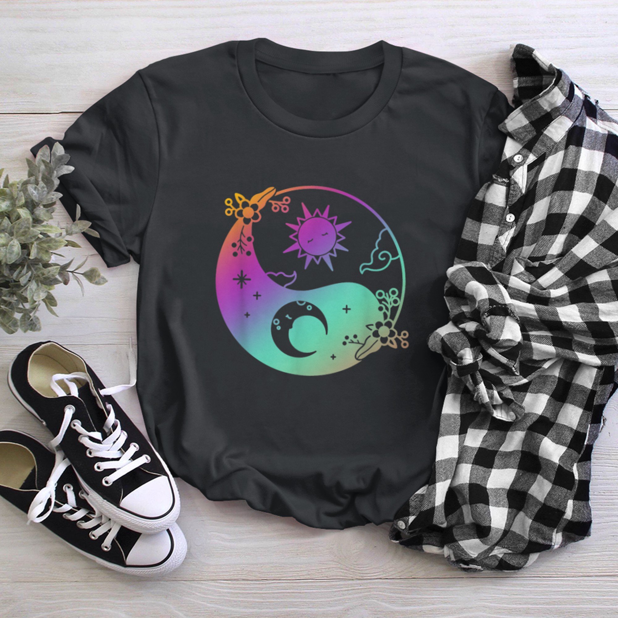 Moon And Sun Om Tree Of Life Buddhist Mandala Yin And Yang (6) t-shirt black