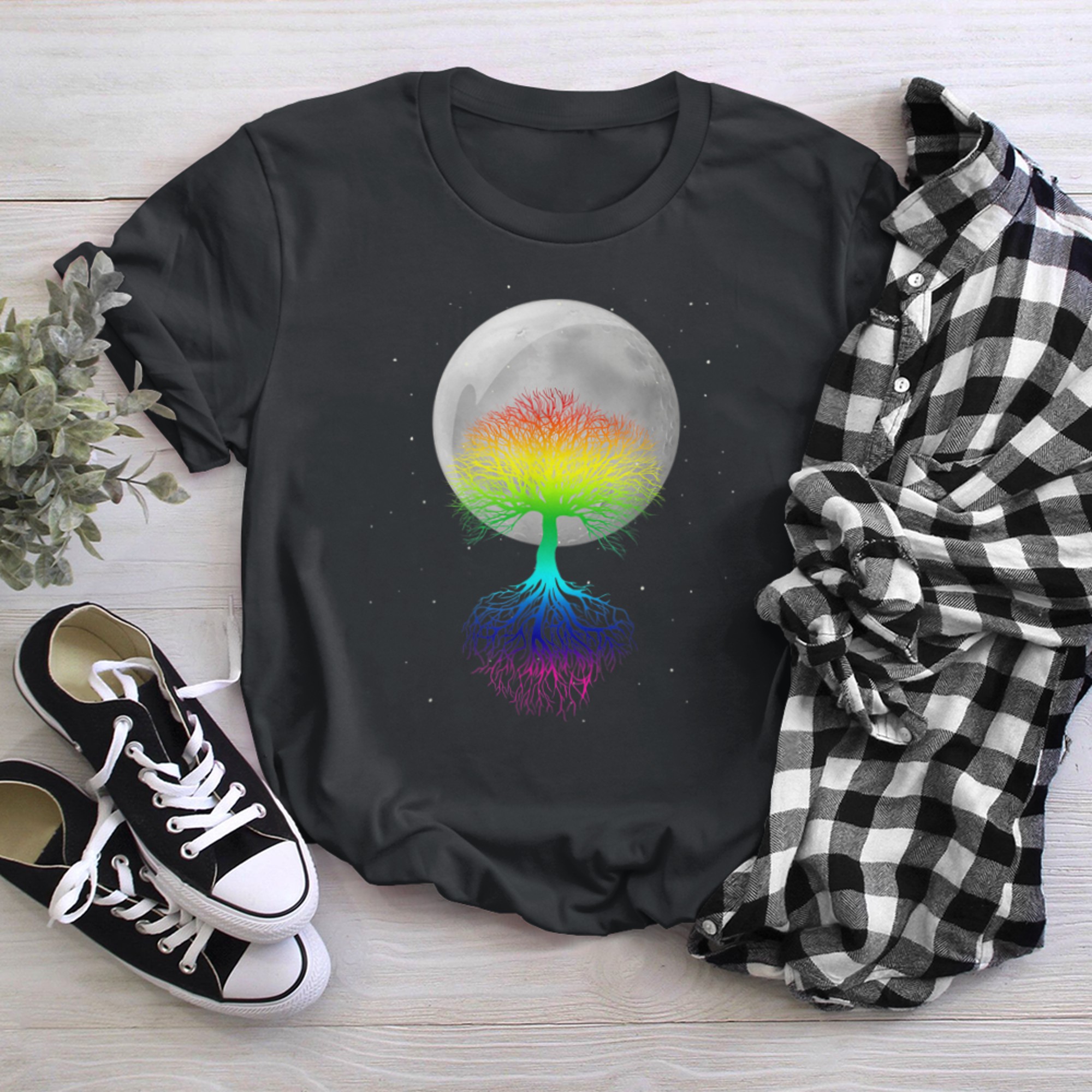 Moon, lunar calendar, night sky, tree of life, full moon t-shirt black