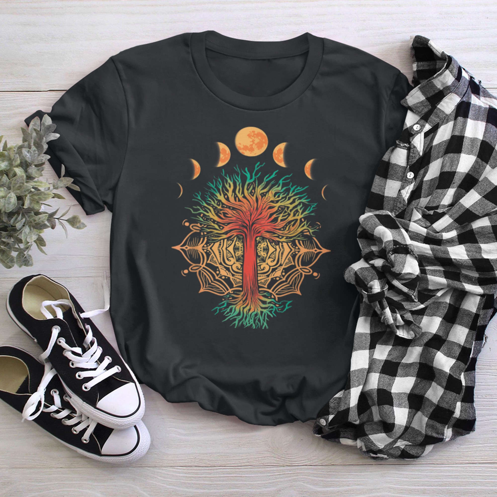 Moon Phases Tree of Life Retro Yoga Meditation Men women t-shirt black