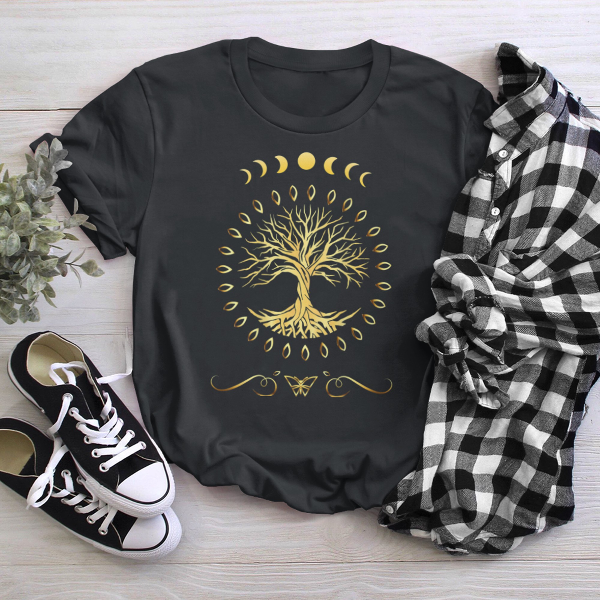 Moon Phases Tree of Mystical Life Yoga Meditation Backprint t-shirt black