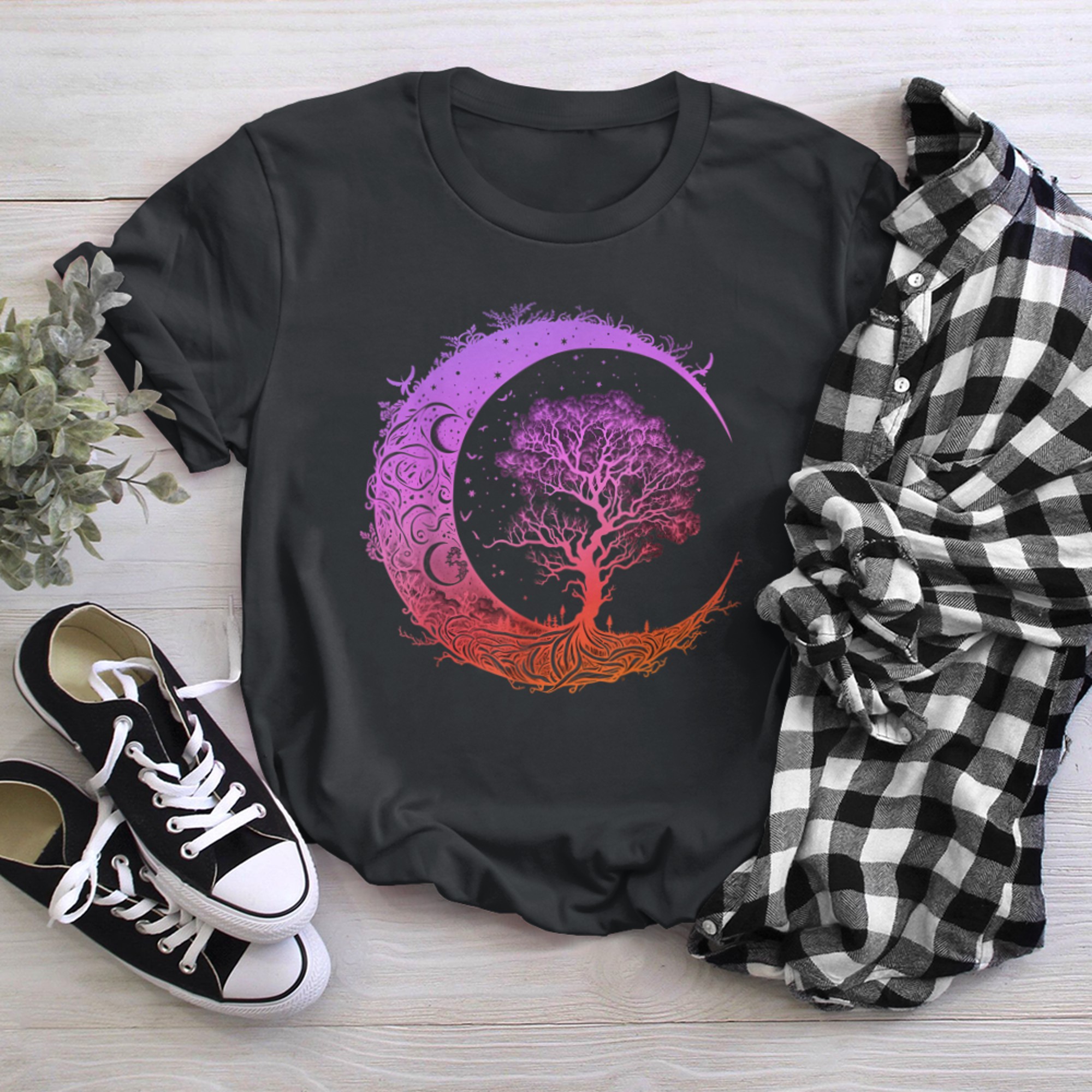 Mystic Tree of Life Crescent Moon Phases Mandala Chakra Yoga t-shirt black