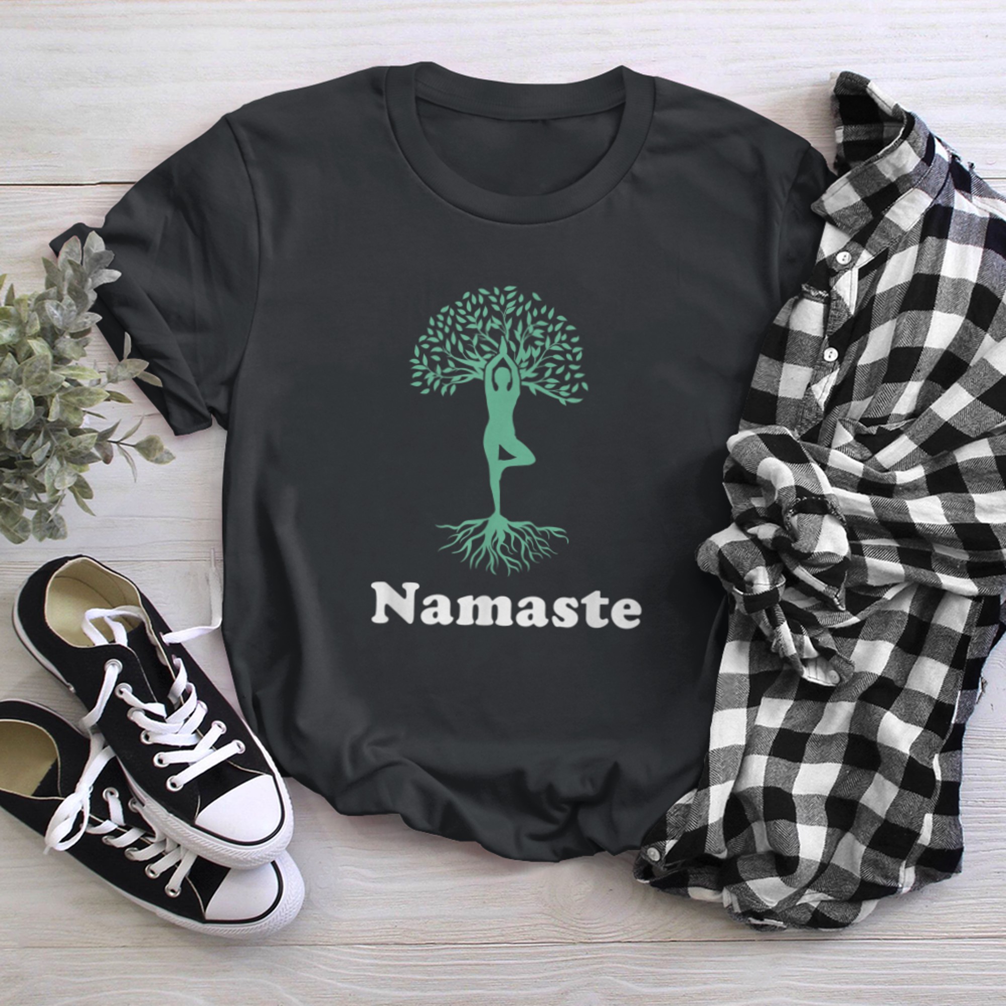 Namaste Yoga Tree of Life New Age Meditation Reiki Green t-shirt black