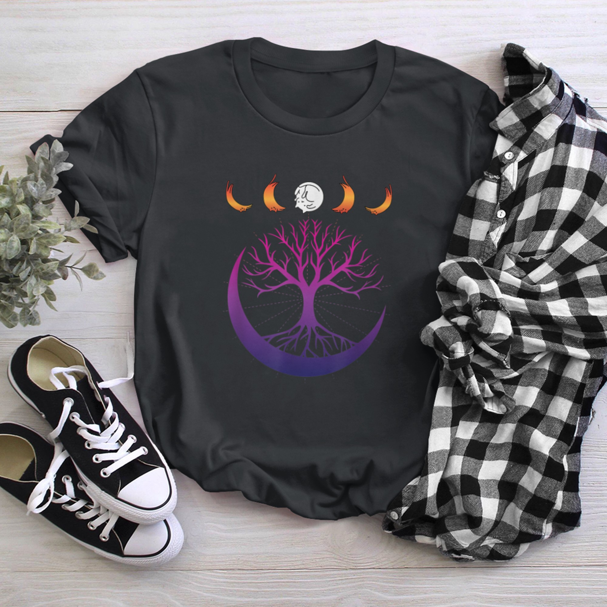 Phases Of The Meow Cat Funny Kitten Tree Life Moon t-shirt black