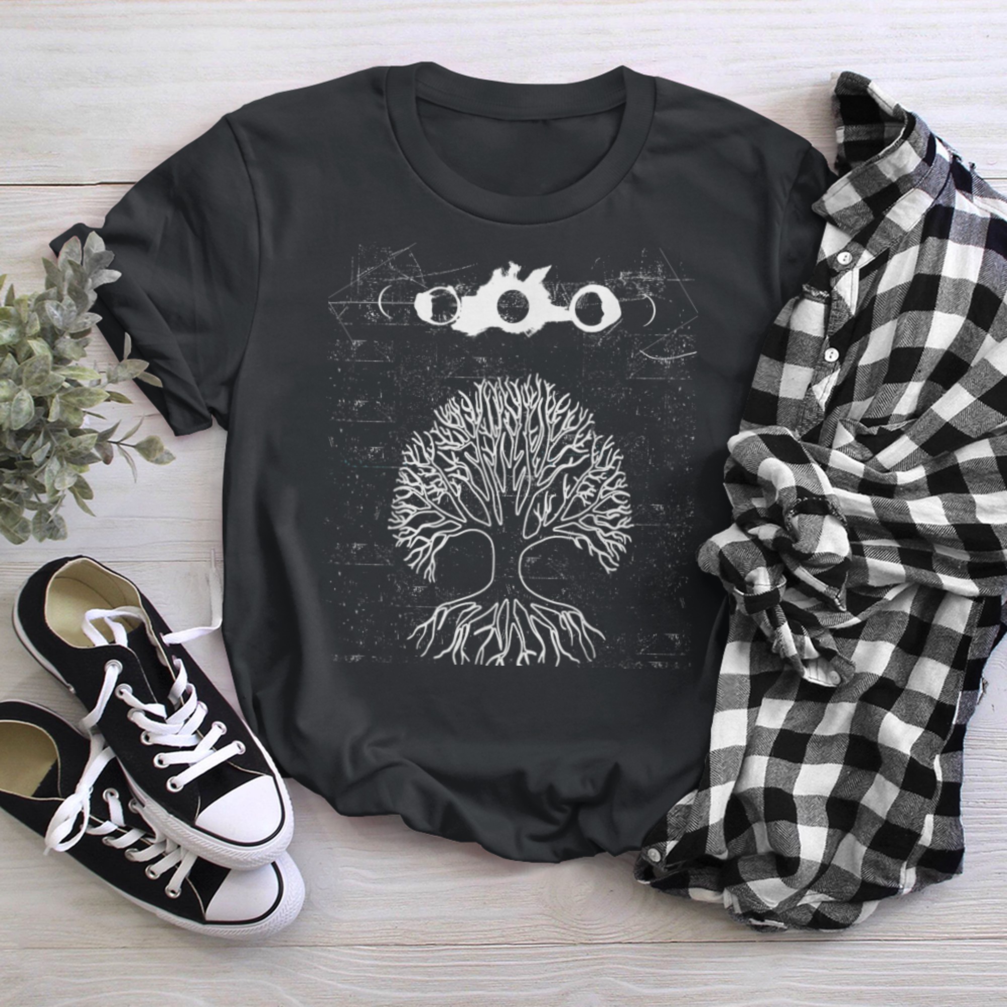 Phases of the Moon Retro 60's 70's Tree of Life Graphic (1) t-shirt black