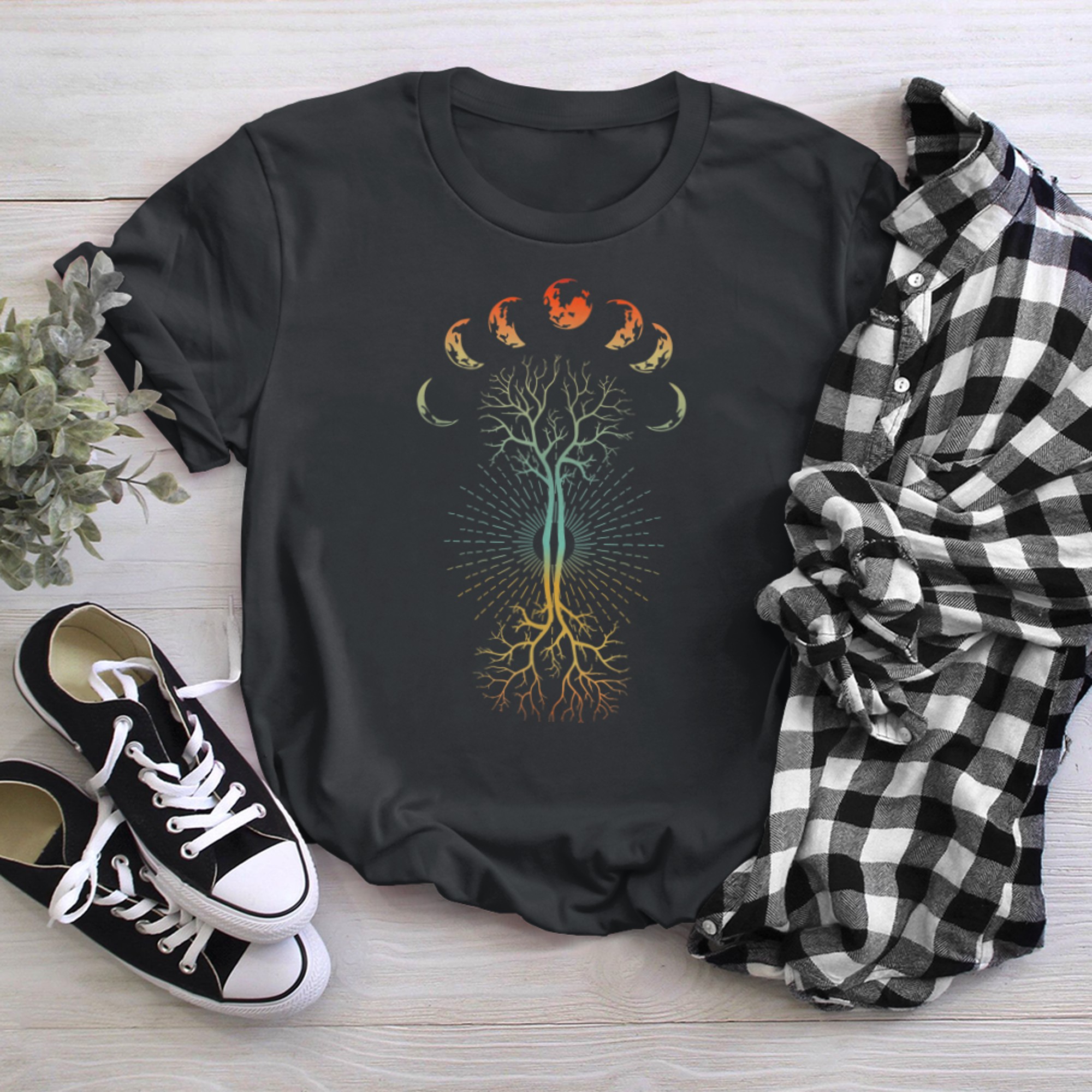 Phases of the Moon Retro 60's shirt. Tree of Life Graphic t-shirt black