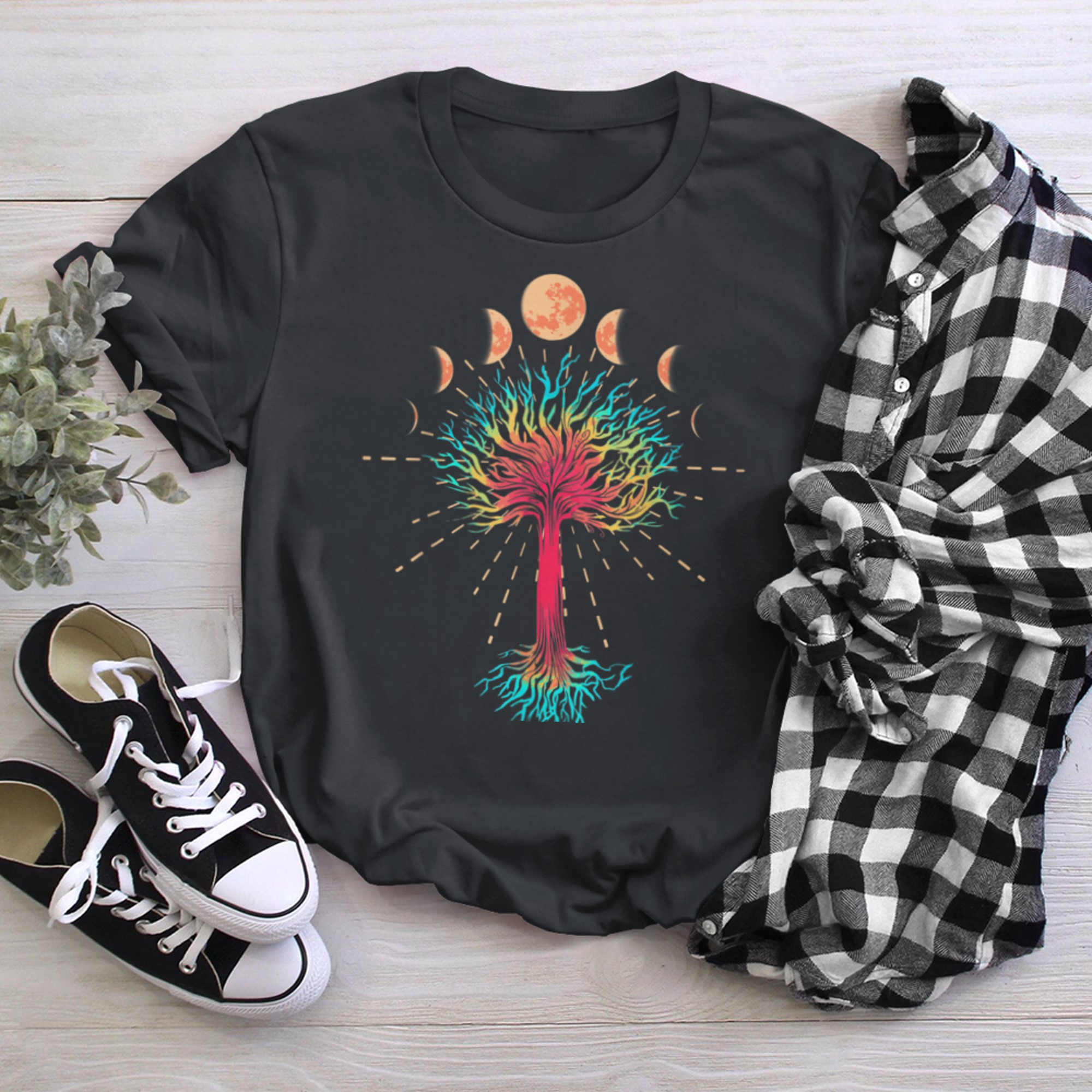 Phases of the Moon Tree of Life Creation Regeneration t-shirt black