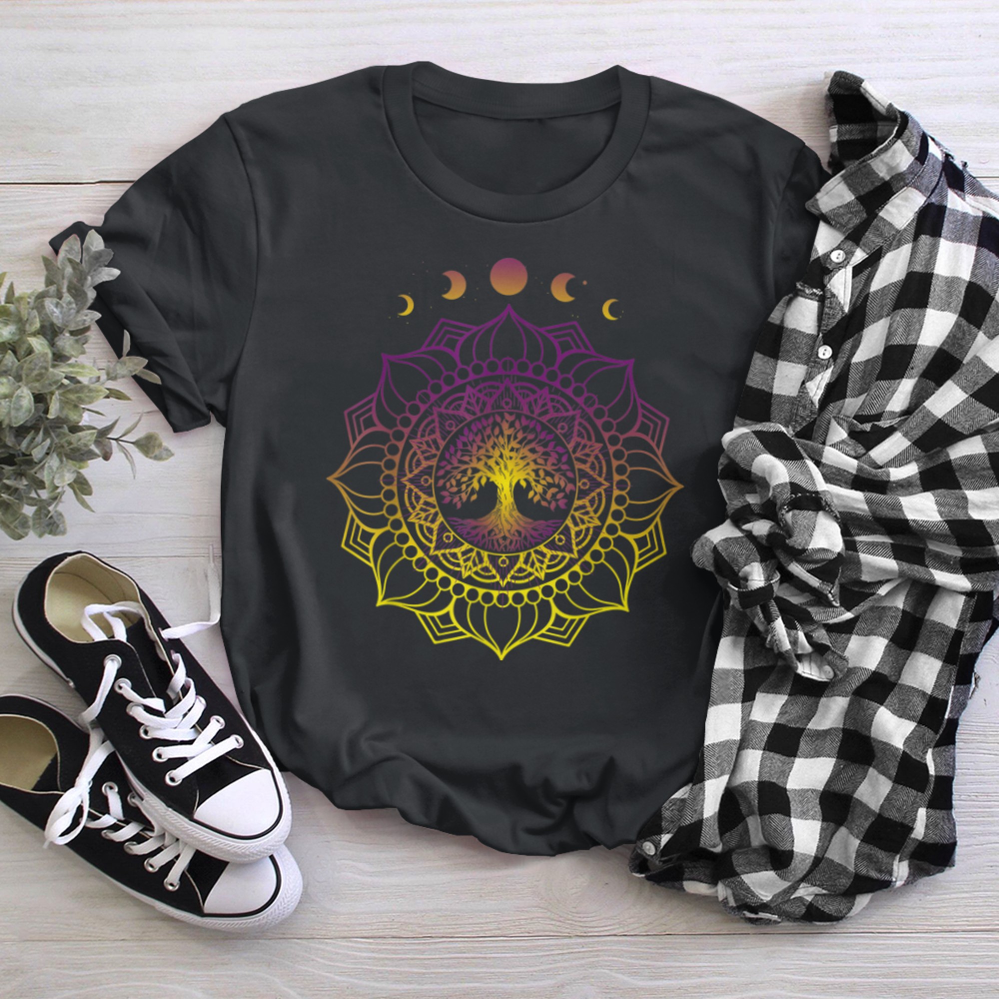 Phases of the Moon Tree of Life Mystical Zen Yoga Meditation (7) t-shirt black