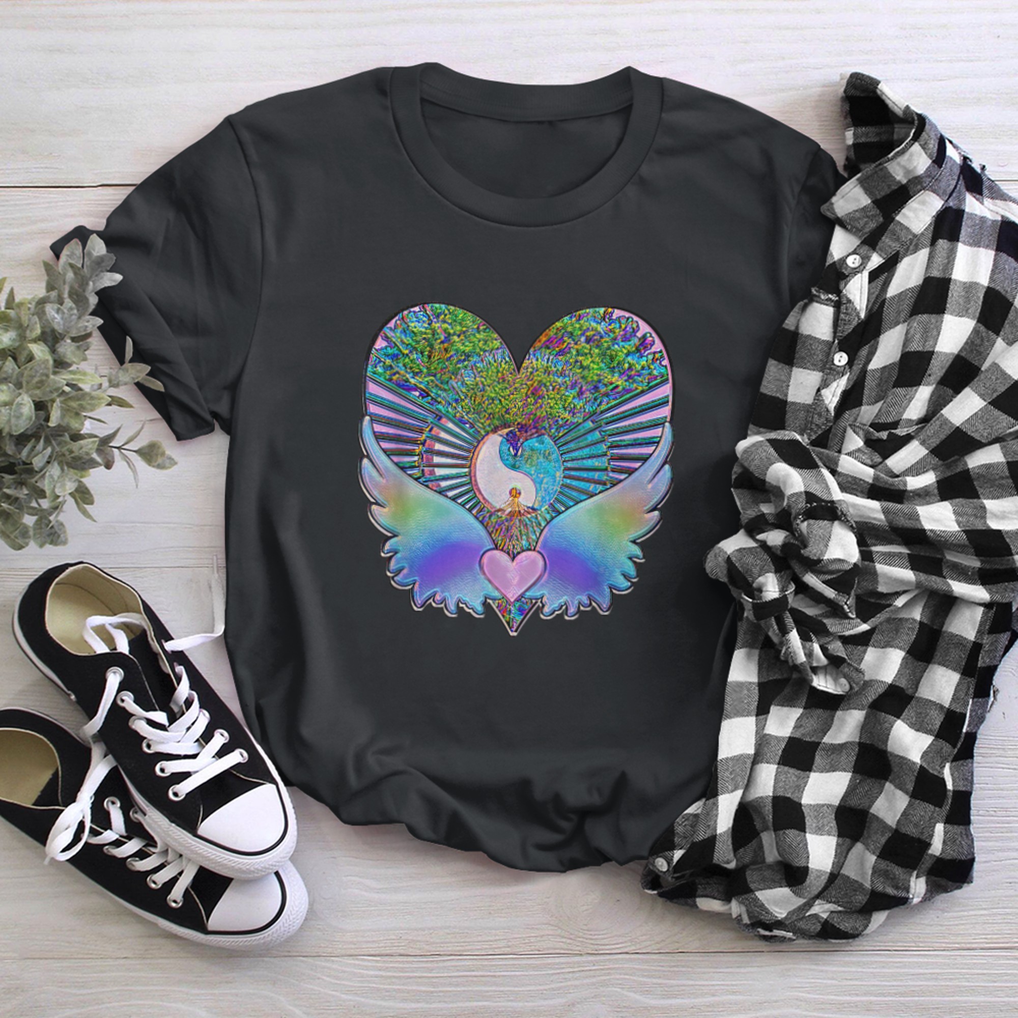 Rainbow Heart with Angel Wings Tree of Life Yin Yang t-shirt black