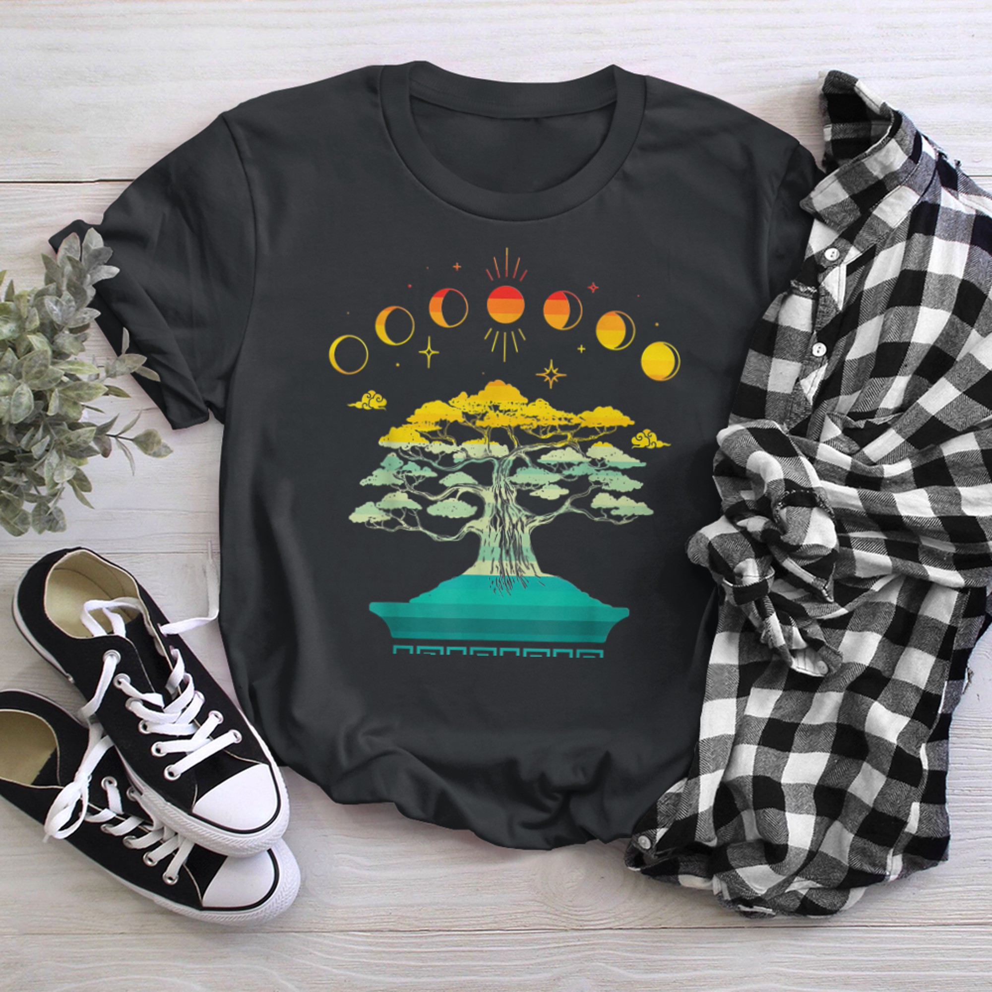 Retro moon phases tree of life vintage zen bonsai tree t-shirt black