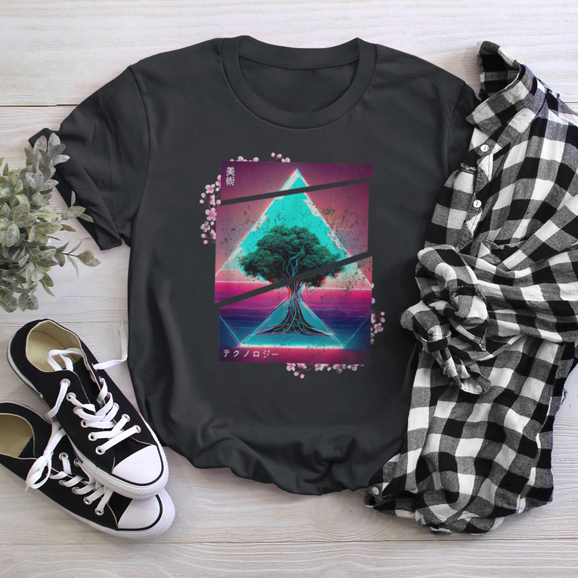 Retrowave roots of tree indie life and Lofi japan aesthetic (1) t-shirt black